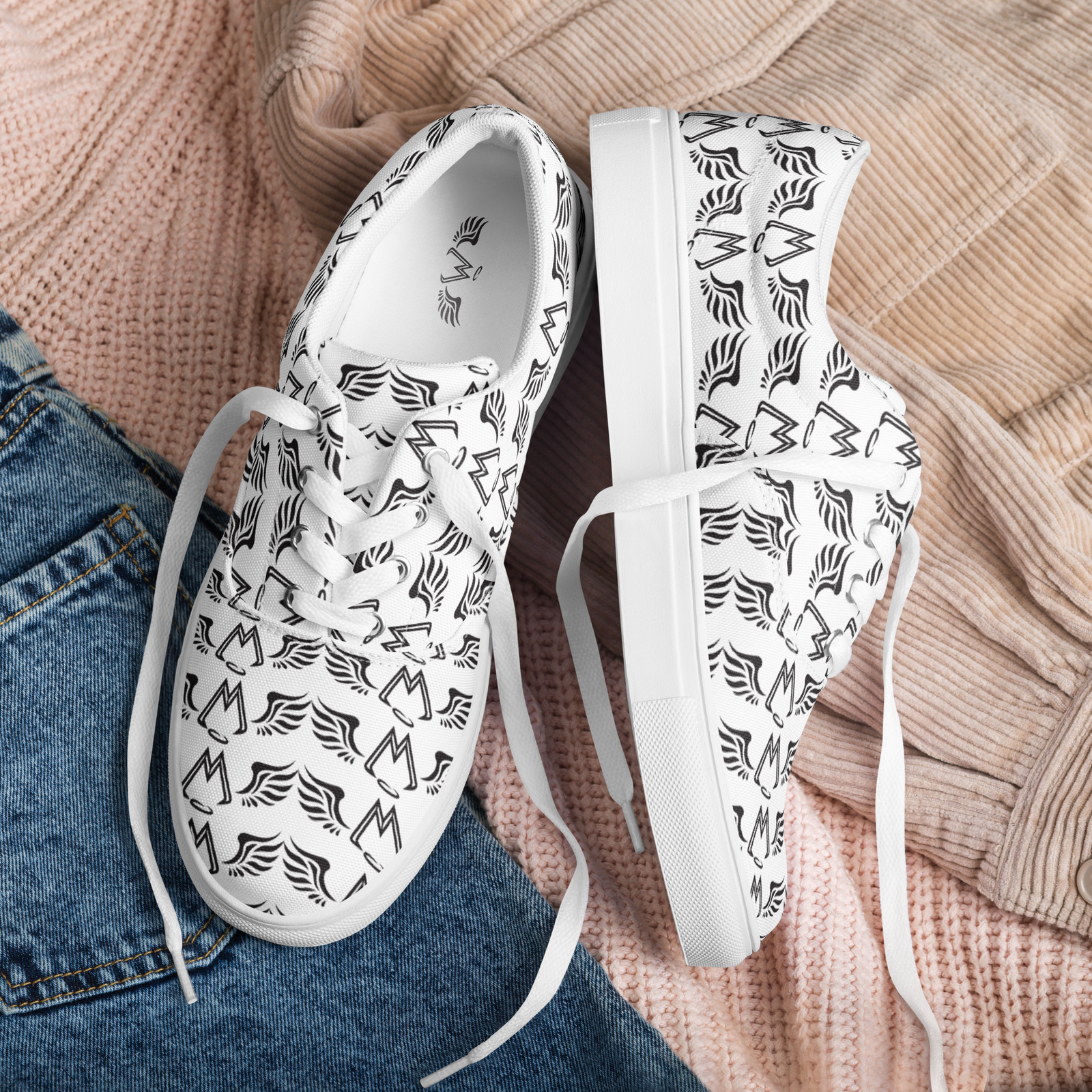 White Lace-Up Canvas Shoes With Duplicated Black MM Iconic Logo