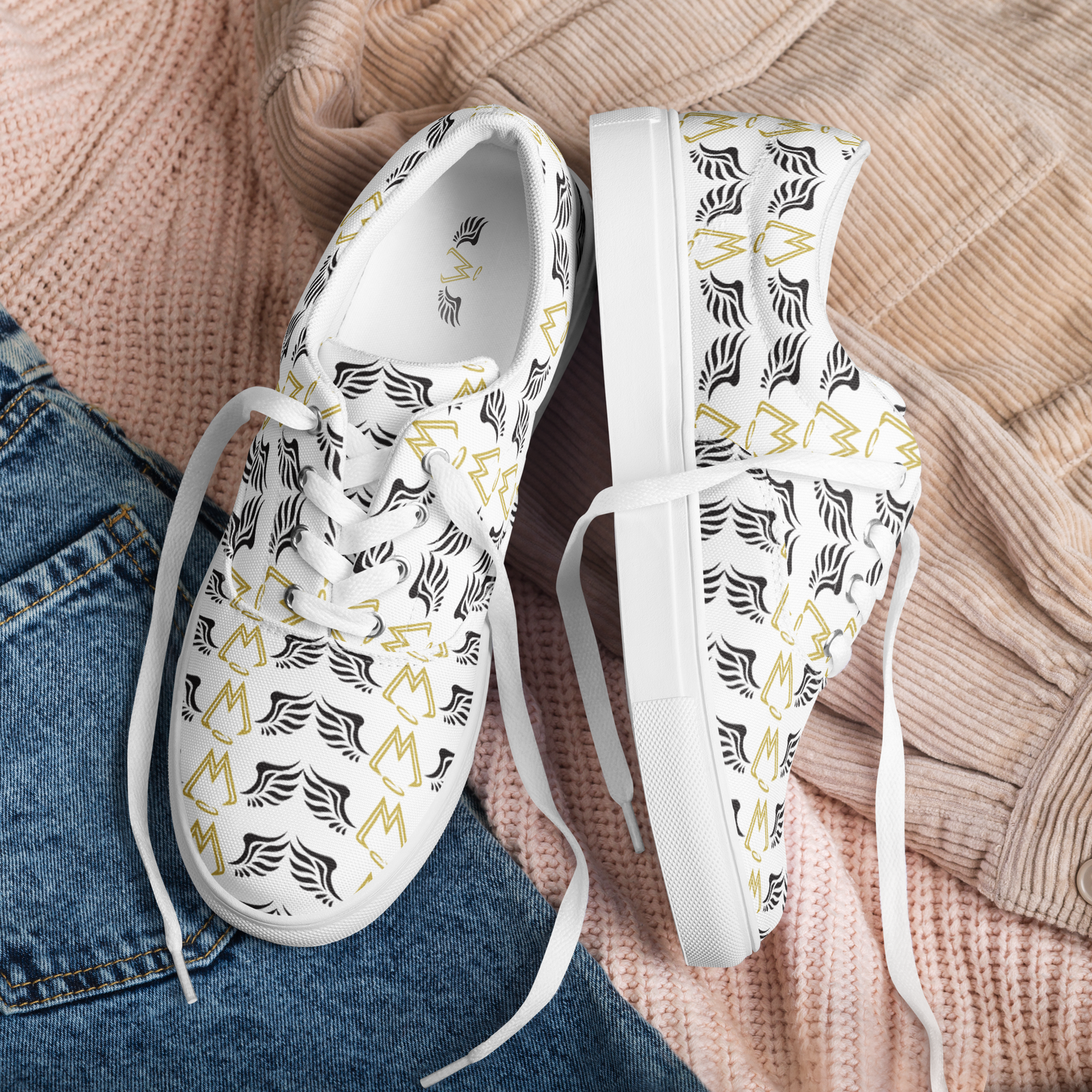 White Lace-Up Canvas Shoes With Duplicated Gold-Black MM Iconic Logo