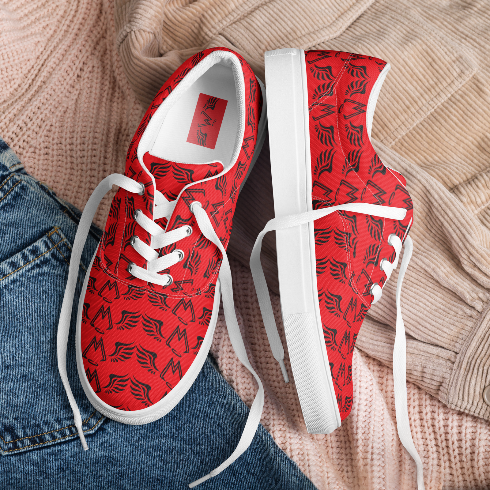 Red Lace-Up Canvas Shoes With Duplicated Black MM Iconic Logo
