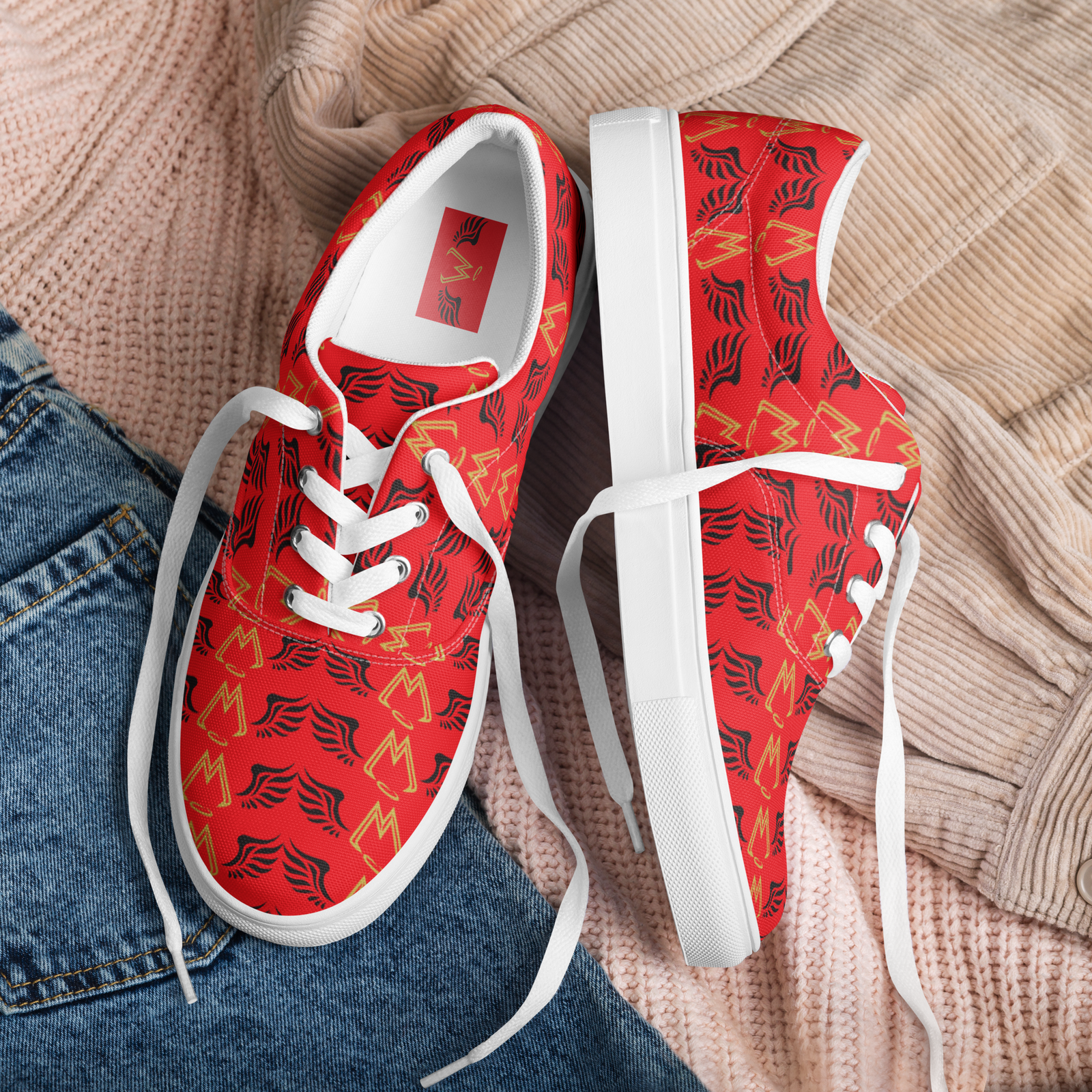 Red Lace-Up Canvas Shoes With Duplicated Gold-Black MM Iconic Logo