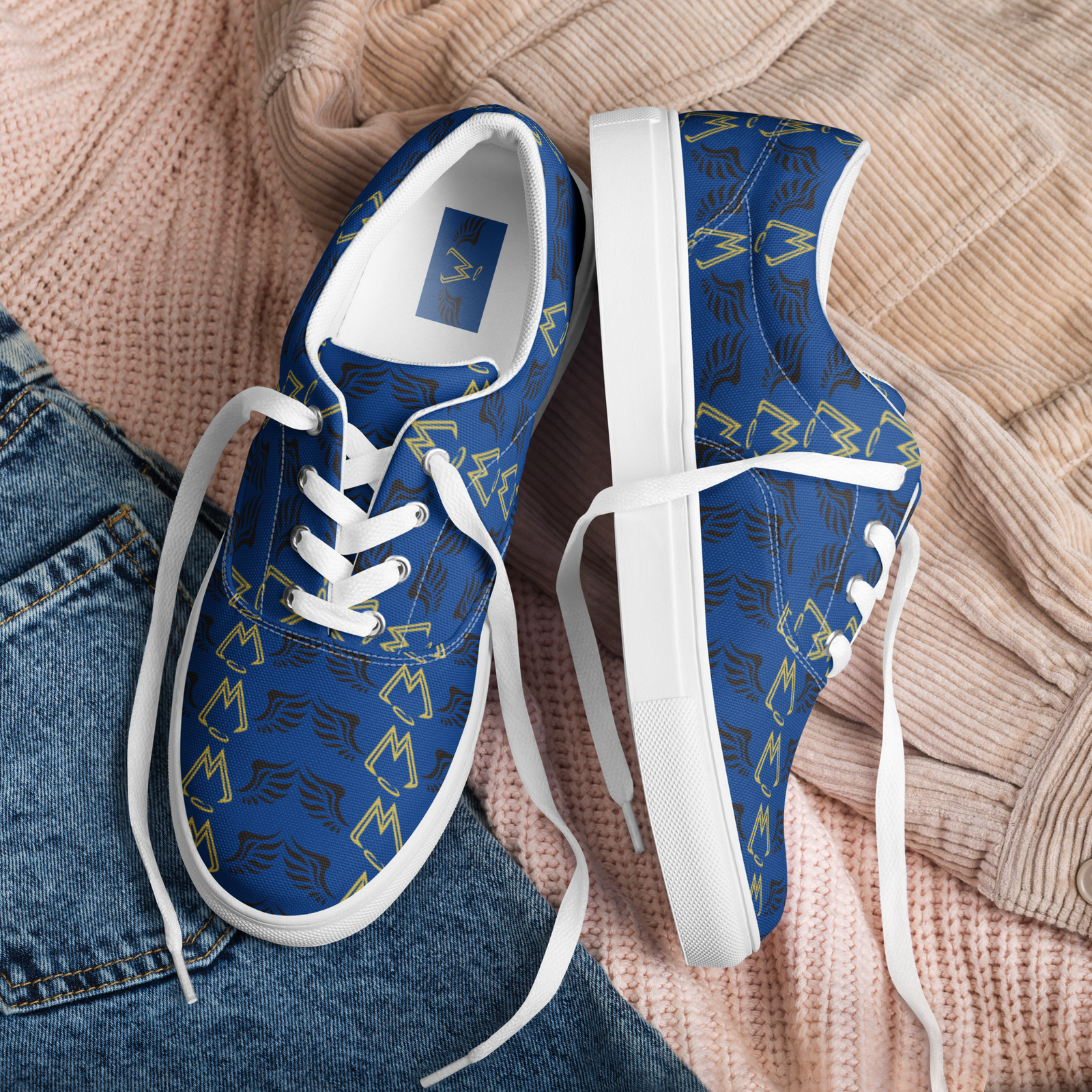 Blue Lace-Up Canvas Shoes With Duplicated Gold-Black MM Iconic Logo