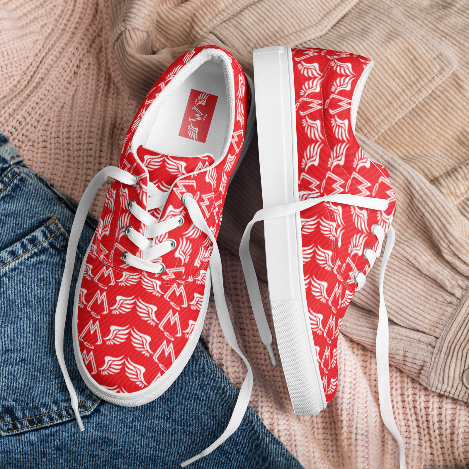 Red Lace-Up Canvas Shoes With Duplicated White MM Iconic Logo