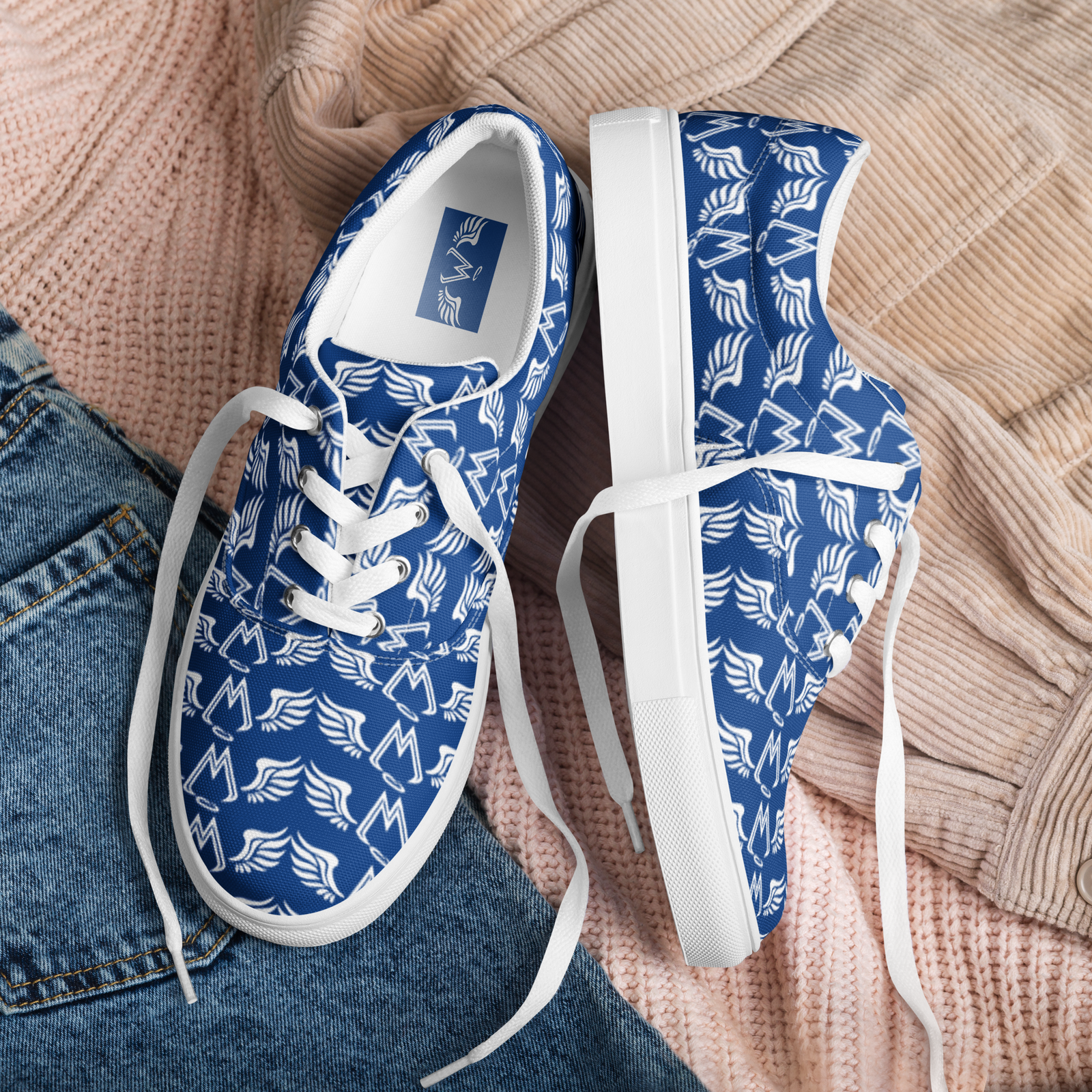 Blue Lace-Up Canvas Shoes With Duplicated White MM Iconic Logo