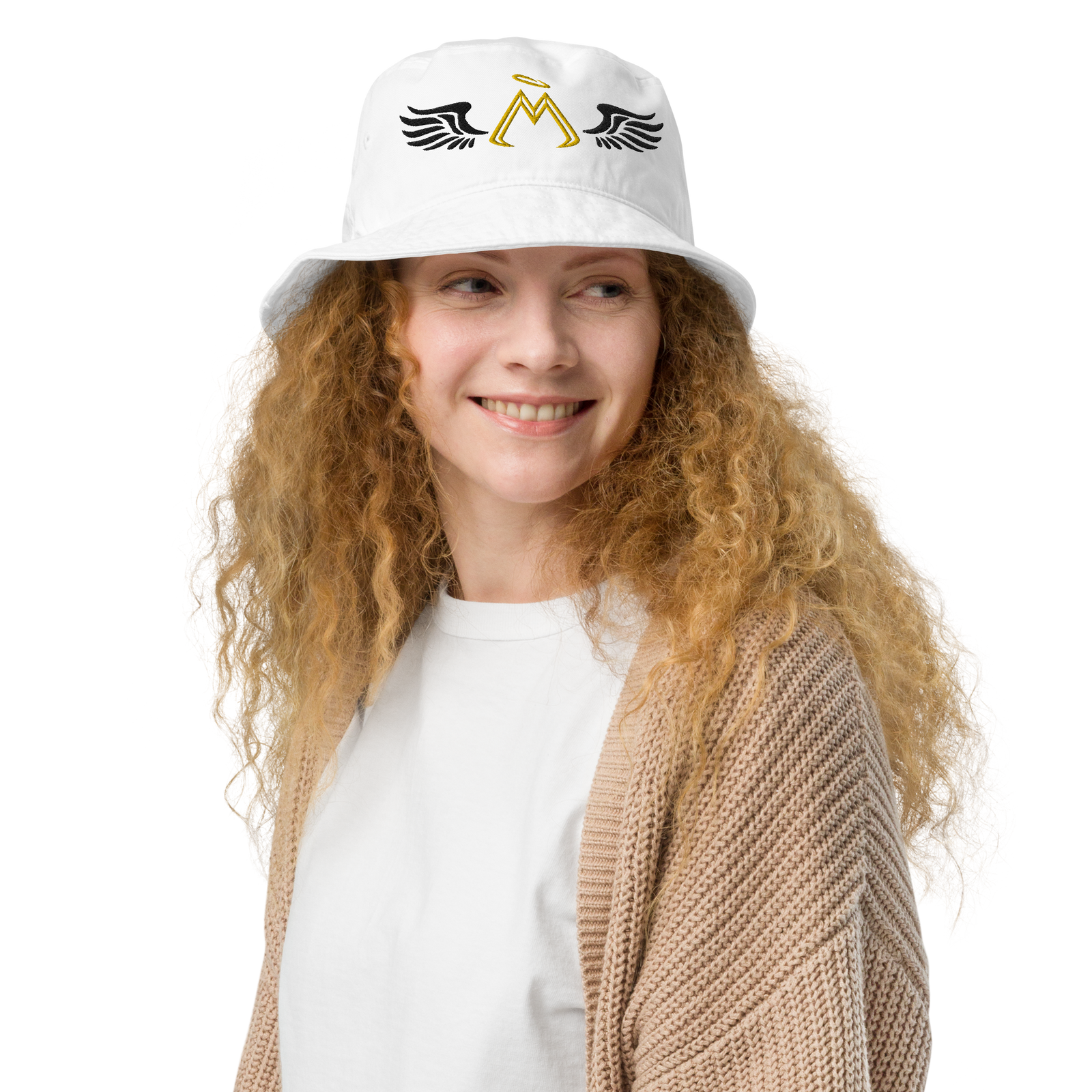 White Organic Bucket Hat With Embroidered Gold-Black MM Iconic Logo