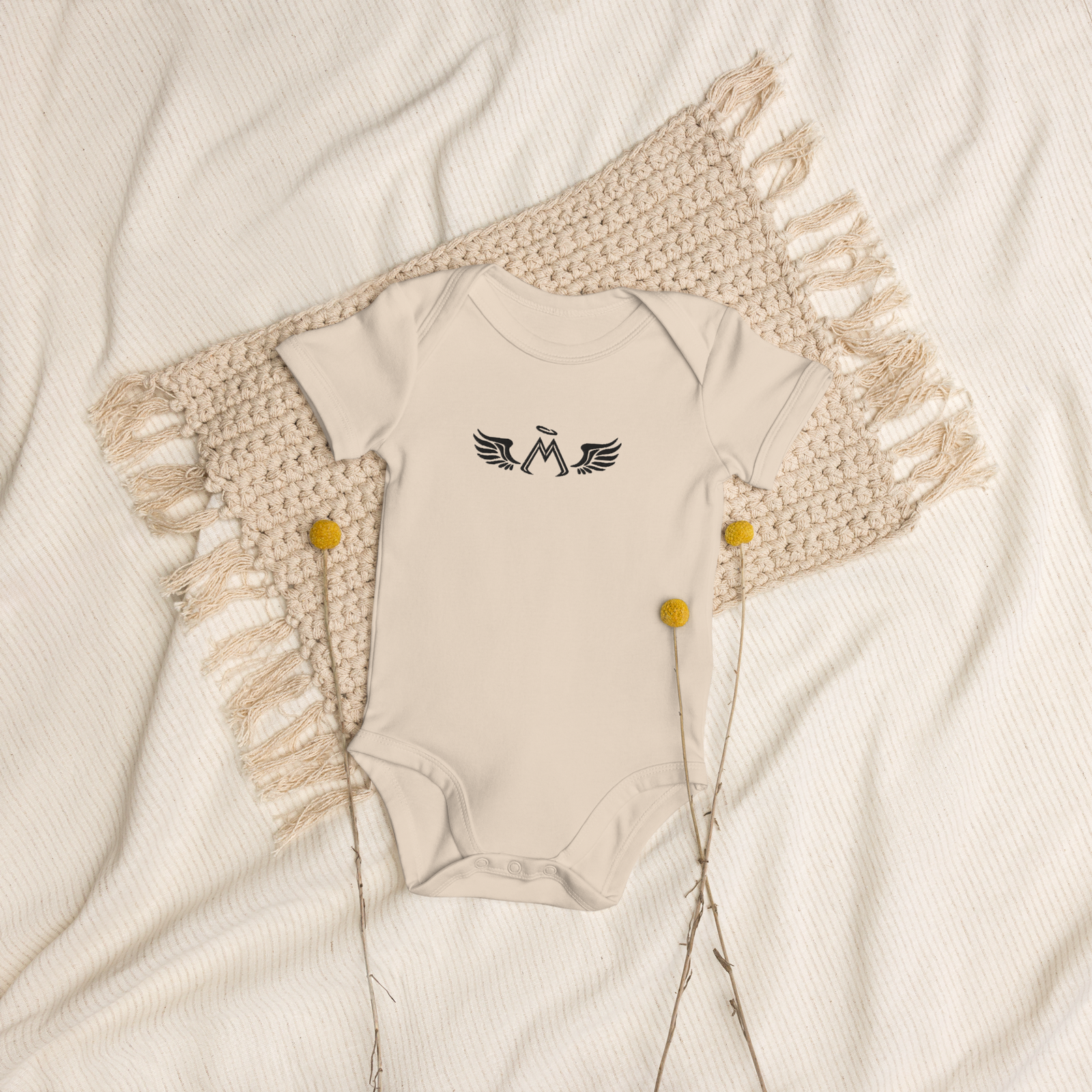 Tan Organic Cotton Baby Bodysuit With Embroidered Black MM Iconic Logo