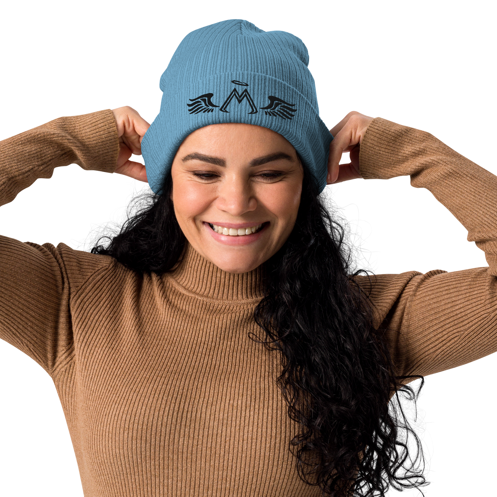 Avio Blue Organic Ribbed Beanie With Embroidered Black MM Iconic Logo