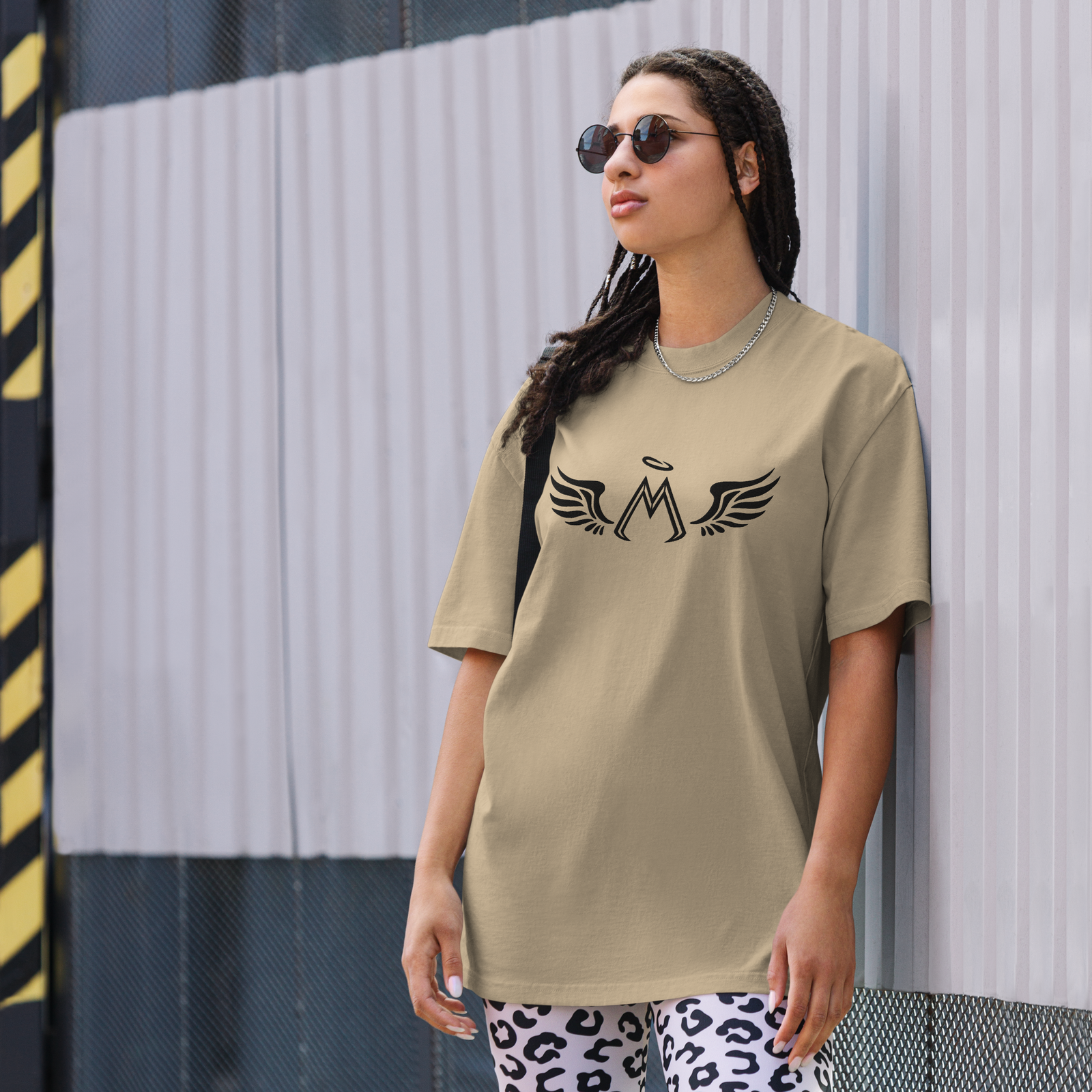 Faded Khaki Unisex Oversized Faded T-Shirt With Embroidered Black MM Iconic Logo