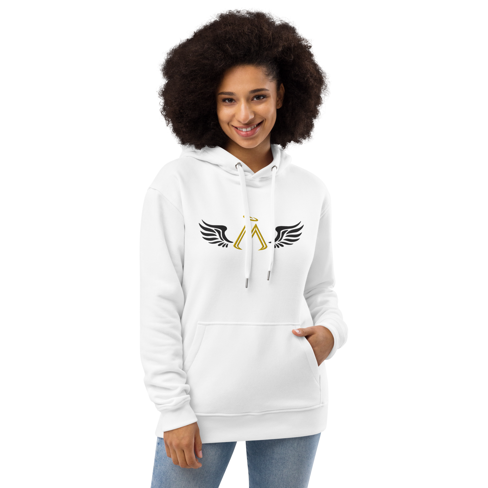White Unisex Premium Eco Hoodie With Embroidered Gold-Black MM Iconic Logo