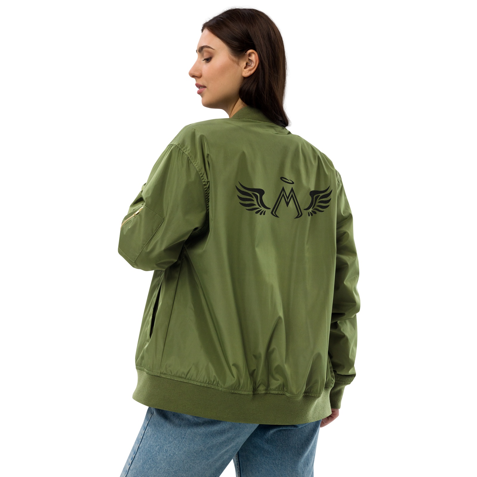 Army Green Unisex Premium Recycled Bomber Jacket With Embroidered Black MM Iconic Logo