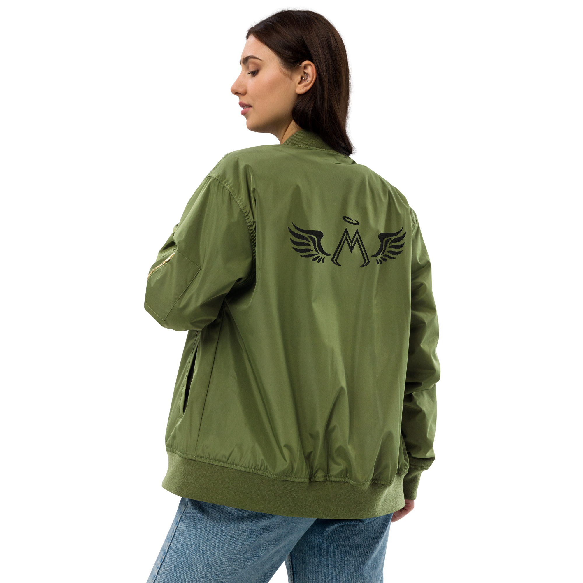 Army Green Unisex Premium Recycled Bomber Jacket With Embroidered Black MM Iconic Logo
