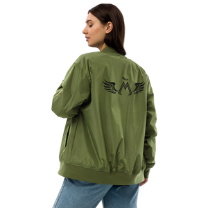 Army Green Unisex Premium Recycled Bomber Jacket With Embroidered Black MM Iconic Logo