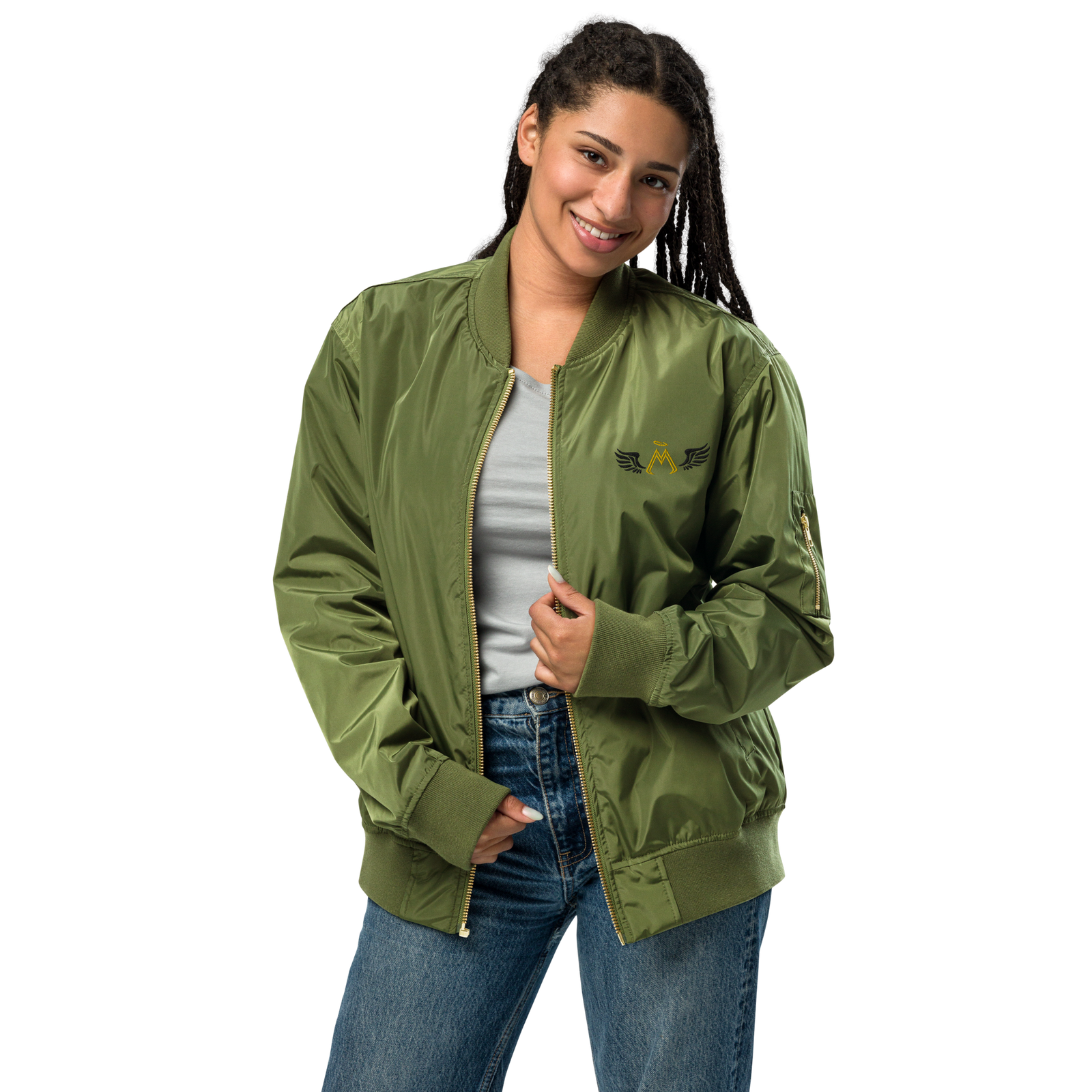 Army Green Unisex Premium Recycled Bomber Jacket With Embroidered Gold-Black MM Iconic Logo