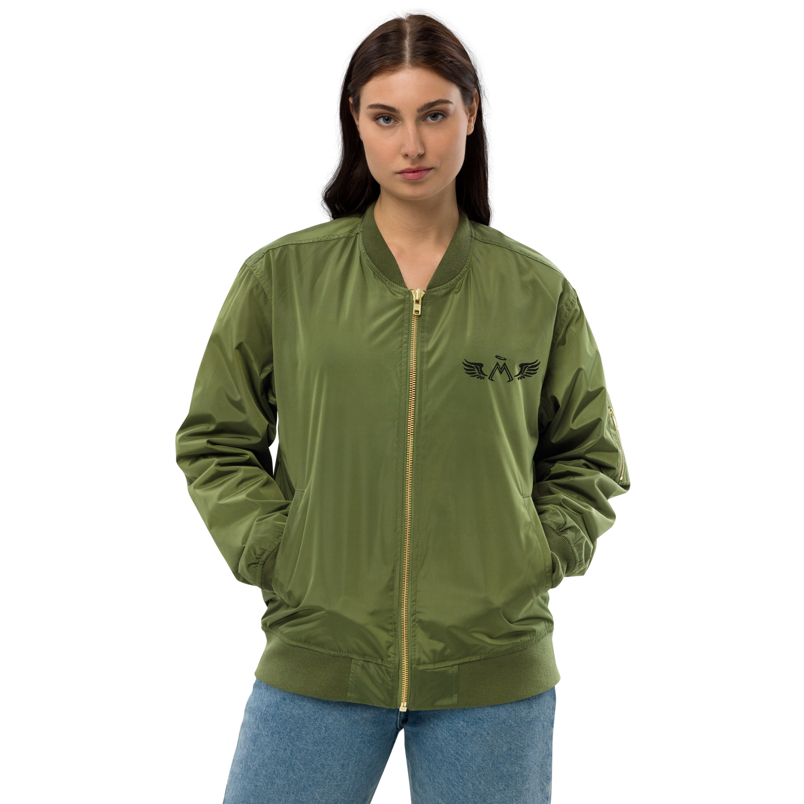 Army Green Unisex Premium Recycled Bomber Jacket With Embroidered Black MM Iconic Logo