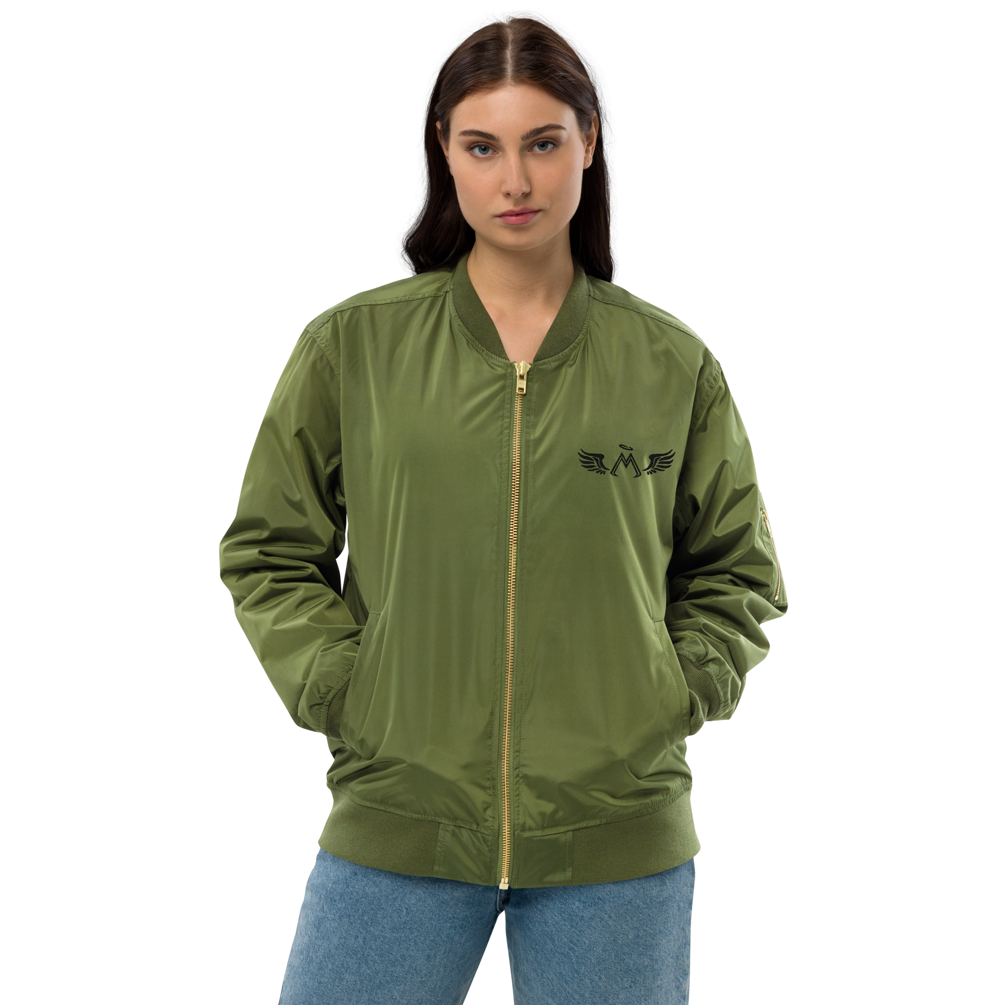 Army Green Unisex Premium Recycled Bomber Jacket With Embroidered Black MM Iconic Logo