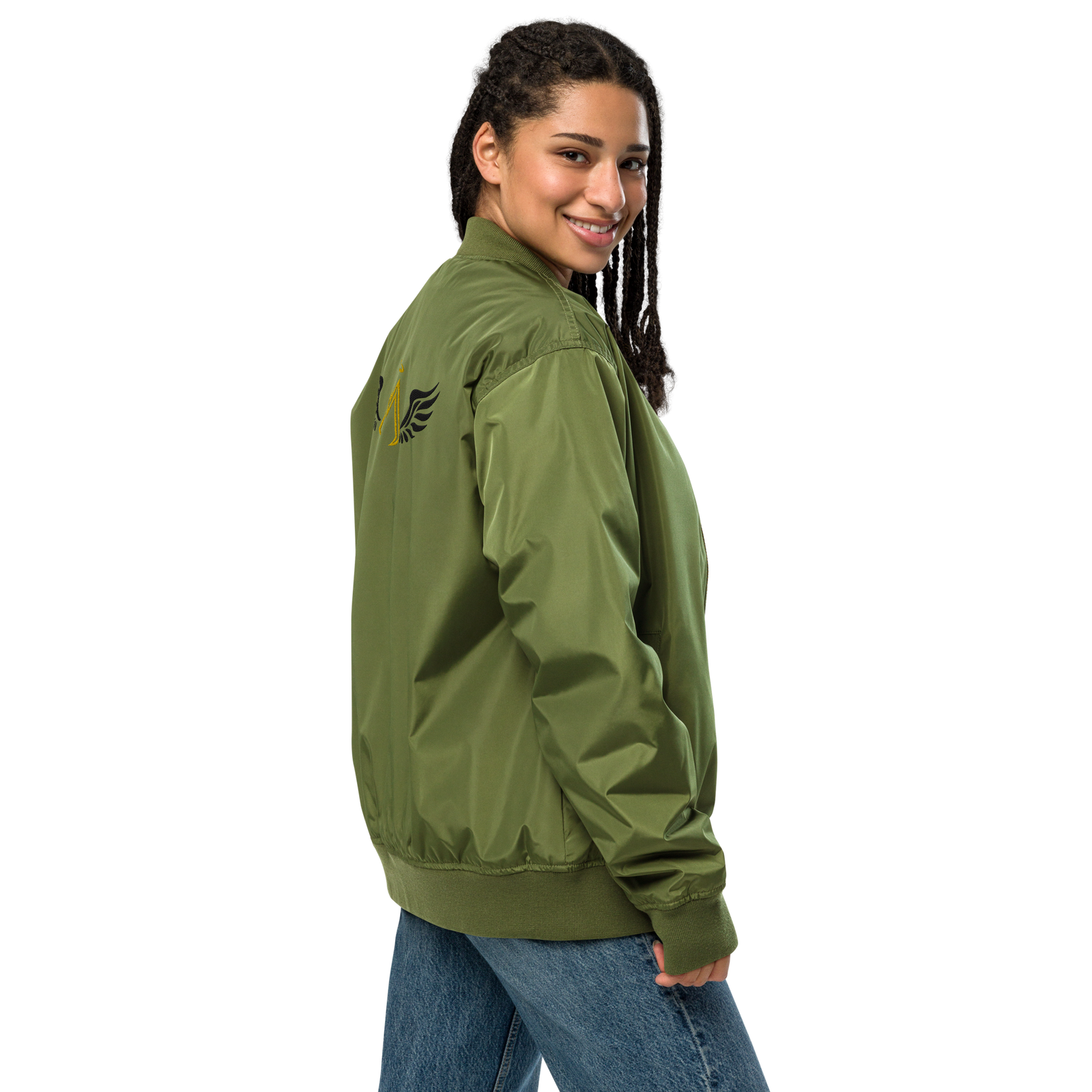 Army Green Unisex Premium Recycled Bomber Jacket With Embroidered Gold-Black MM Iconic Logo