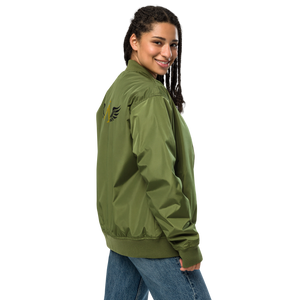 Army Green Unisex Premium Recycled Bomber Jacket With Embroidered Gold-Black MM Iconic Logo
