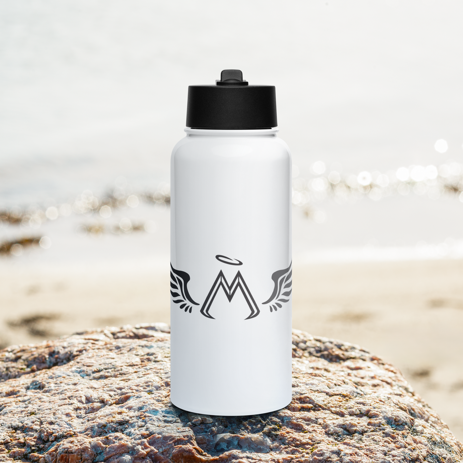 White Stainless Steel Water Bottle With A Straw Lid With Black MM Iconic Logo