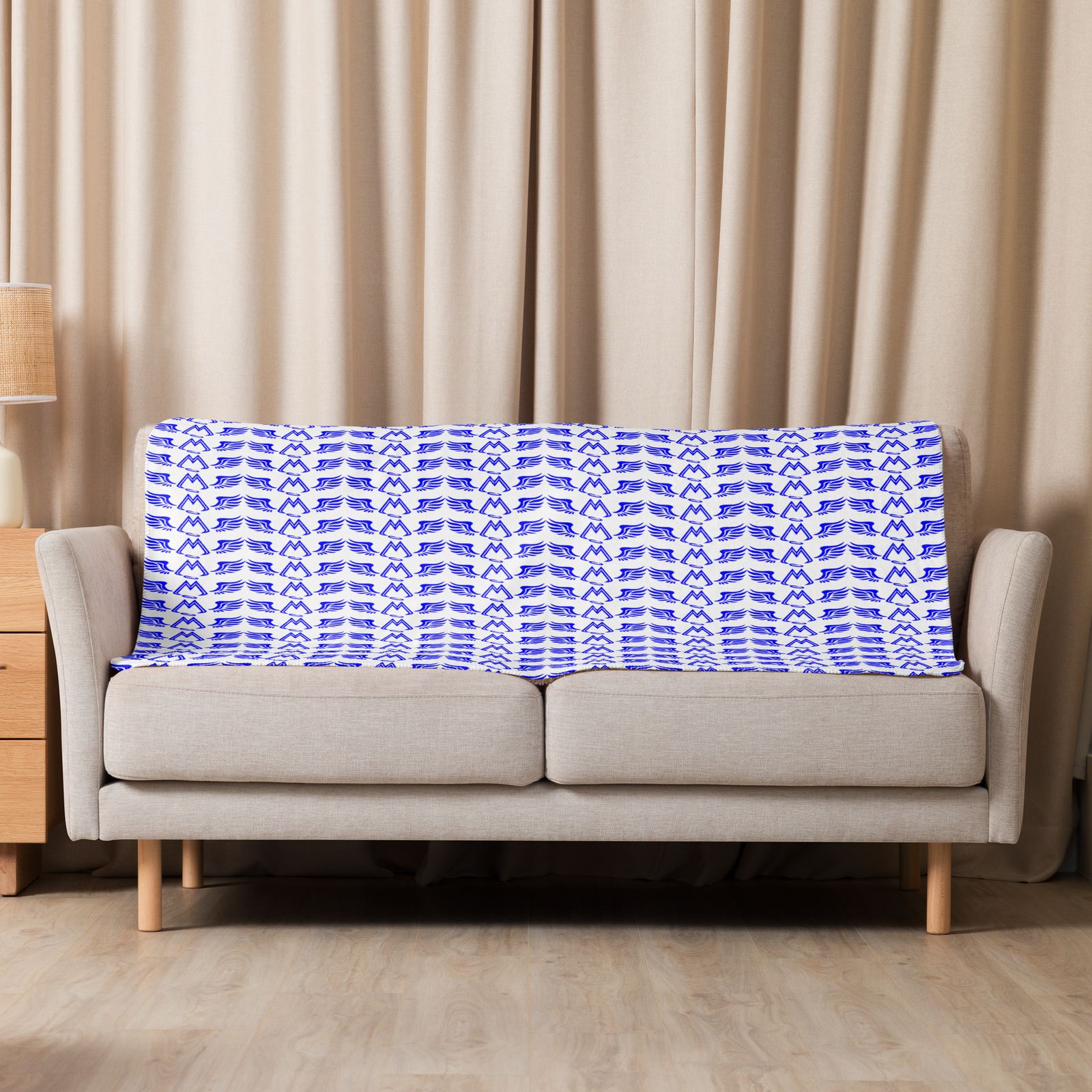 White Sherpa Blanket With Duplicated Blue MM Iconic Logo