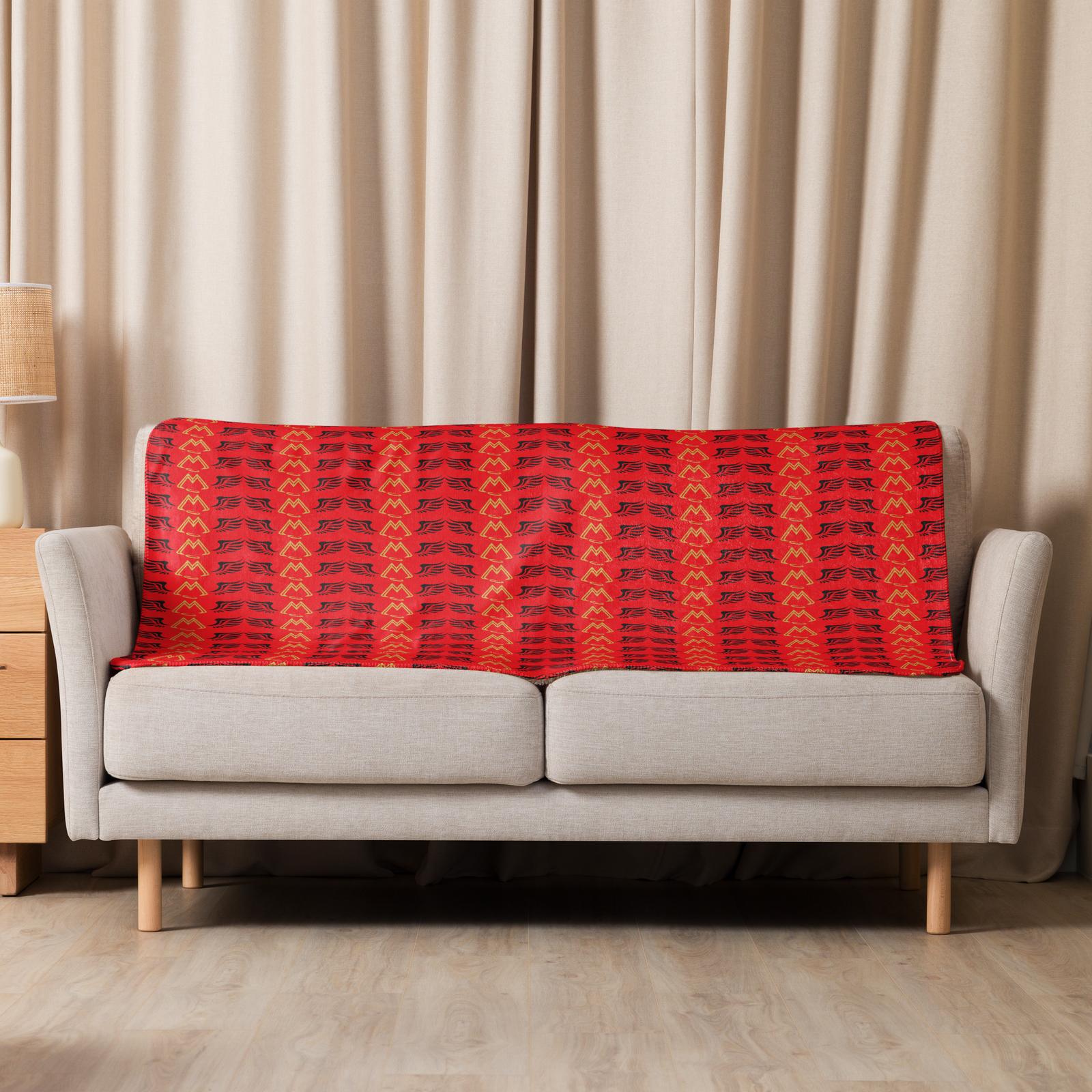 Red Sherpa Blanket With Duplicated Gold-Black MM Iconic Logo