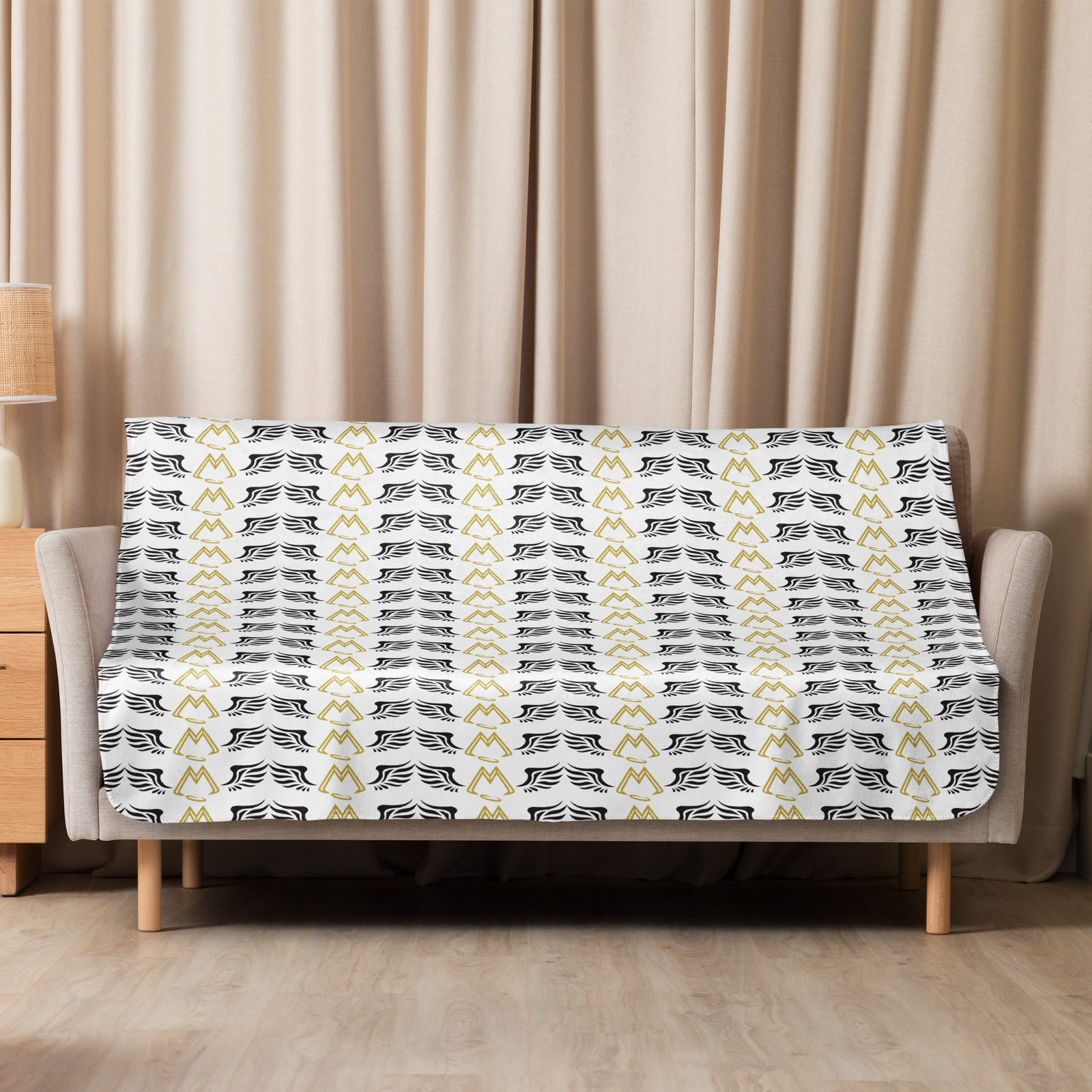 White Sherpa Blanket With Duplicated Gold-Black MM Iconic Logo
