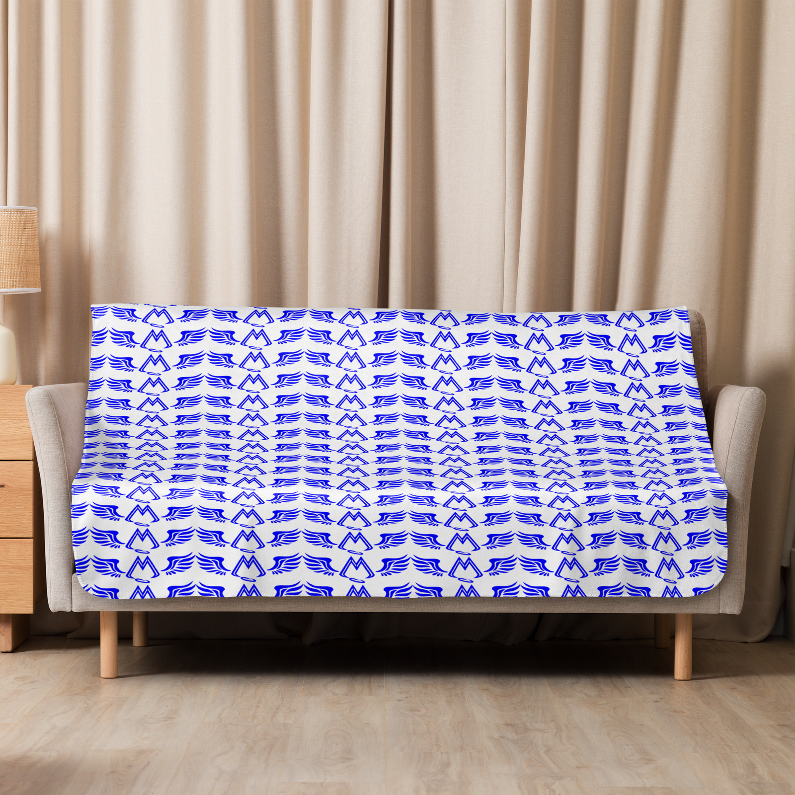 White Sherpa Blanket With Duplicated Blue MM Iconic Logo