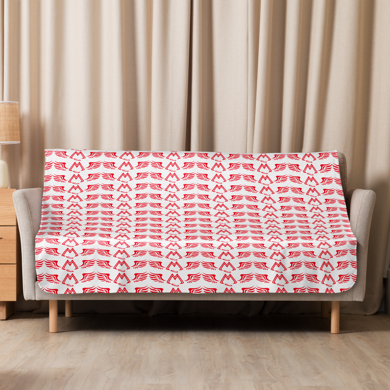 White Sherpa Blanket With Duplicated Red MM Iconic Logo