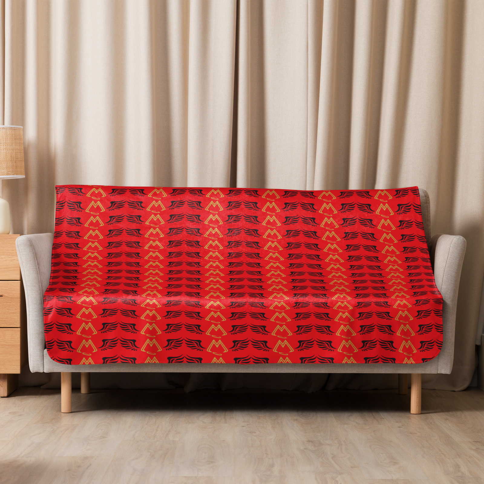 Red Sherpa Blanket With Duplicated Gold-Black MM Iconic Logo