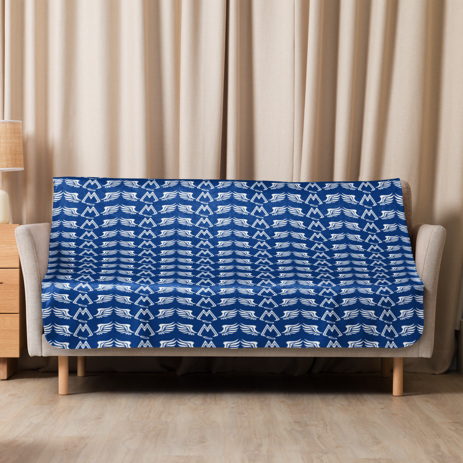 Blue Sherpa Blanket With Duplicated White MM Iconic Logo