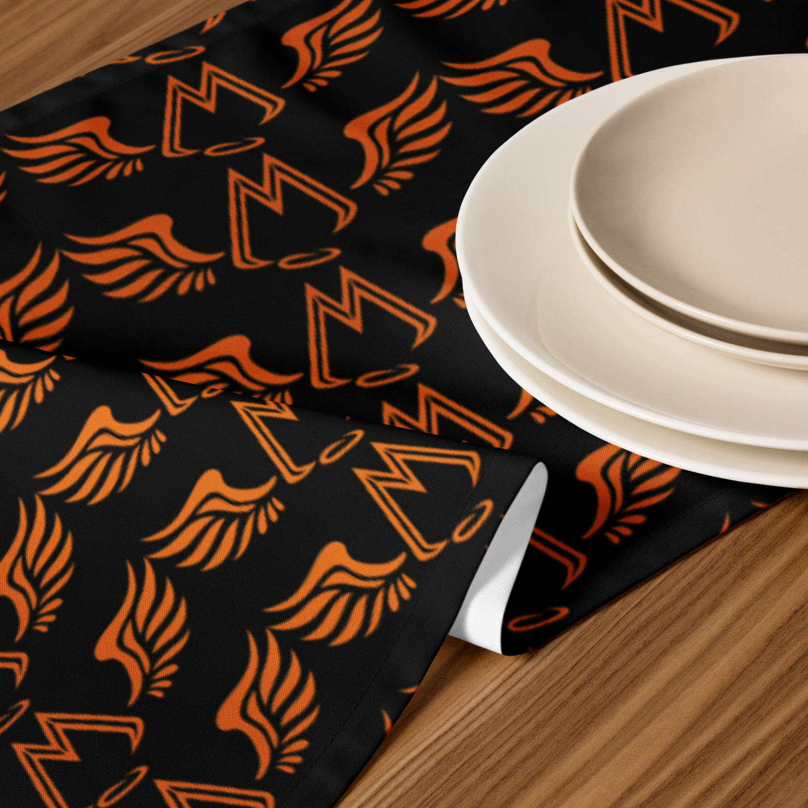 Black Table Runner With Duplicated Orange MM Iconic Logo