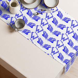 White Table Runner With Duplicated Blue MM Iconic Logo