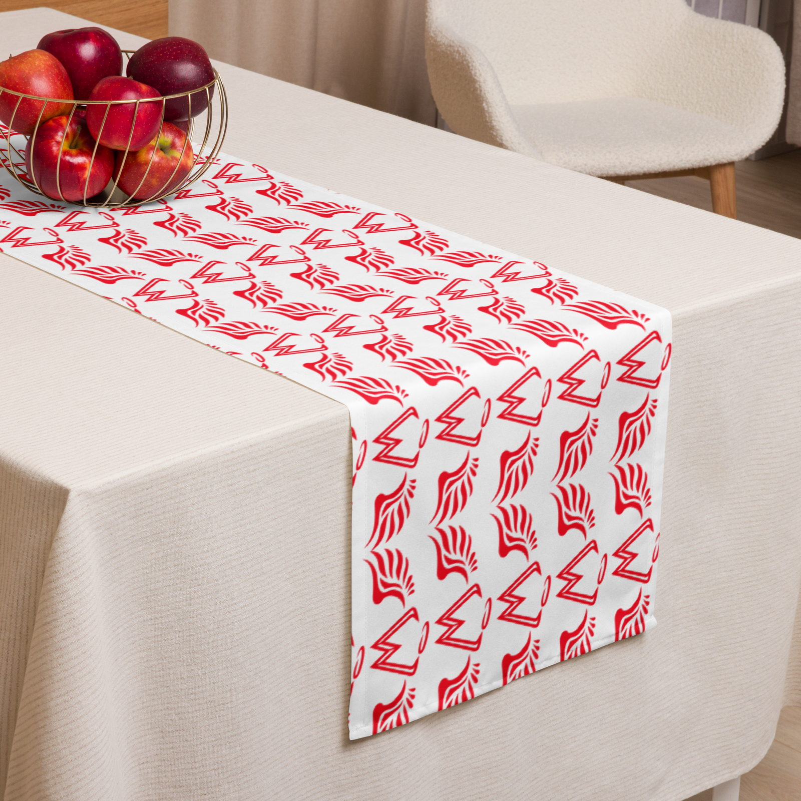White Table Runner With Duplicated Red MM Iconic Logo
