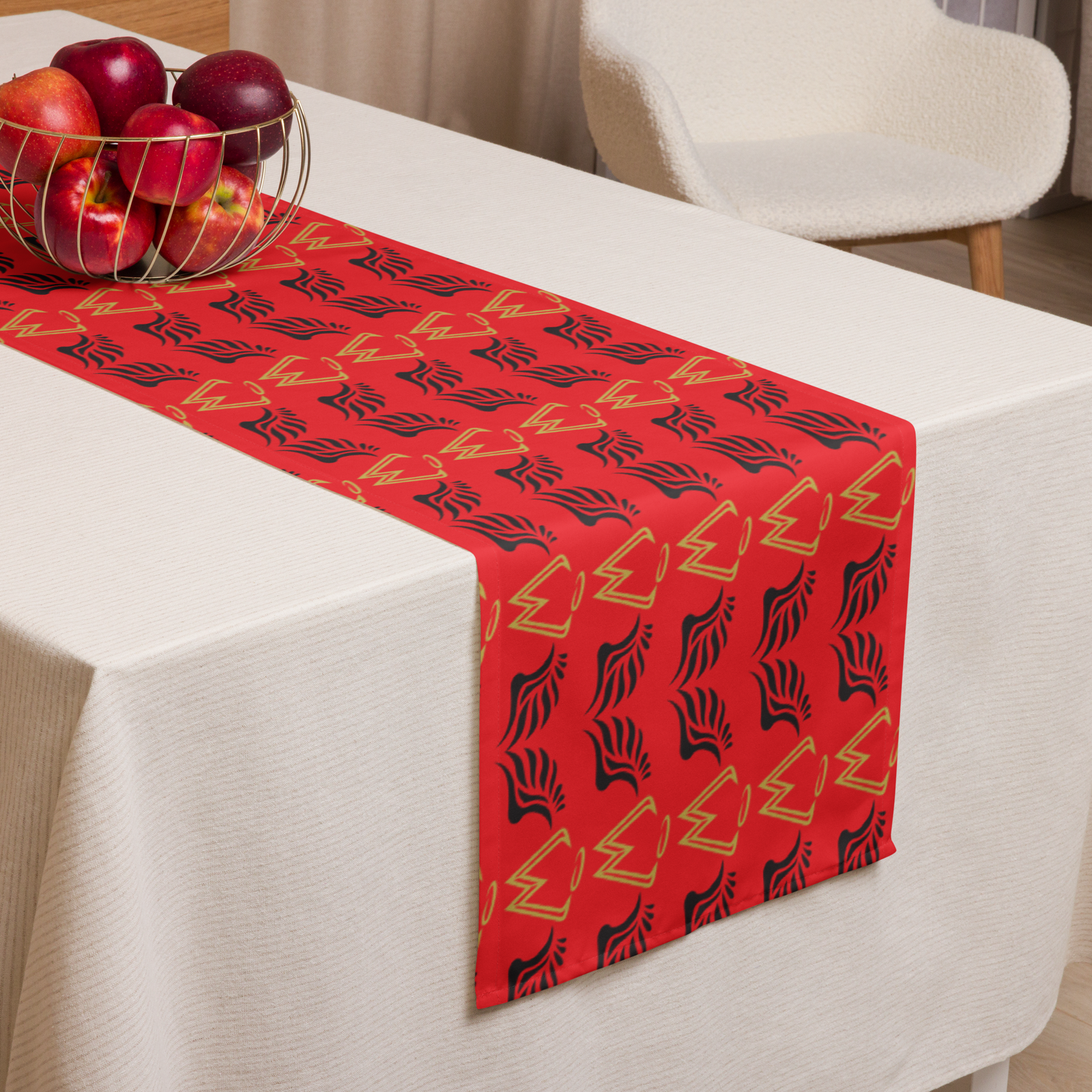 Red Table Runner With Duplicated Gold-Black MM Iconic Logo