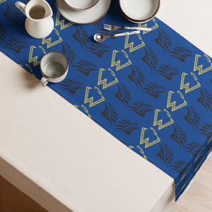 Blue Table Runner With Duplicated Gold-Black MM Iconic Logo