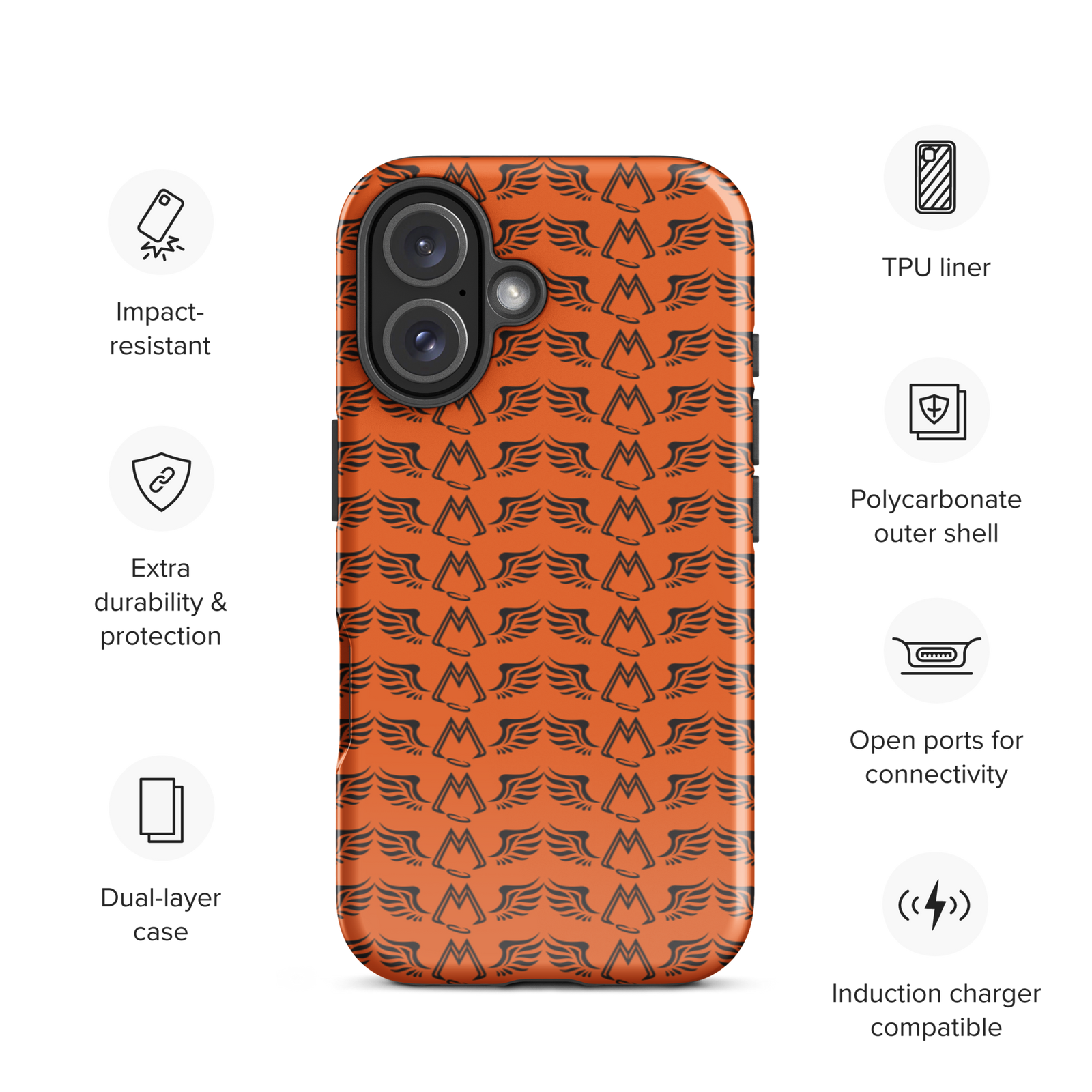 Orange Tough Cases For iPhone 16 With Duplicated Black MM Iconic Logo