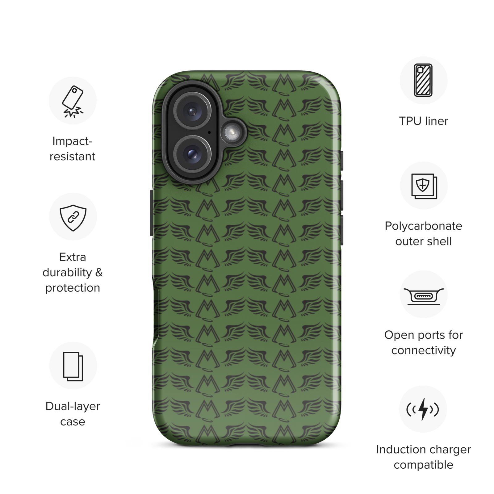 Army Green Tough Cases For iPhone 16 With Duplicated Black MM Iconic Logo