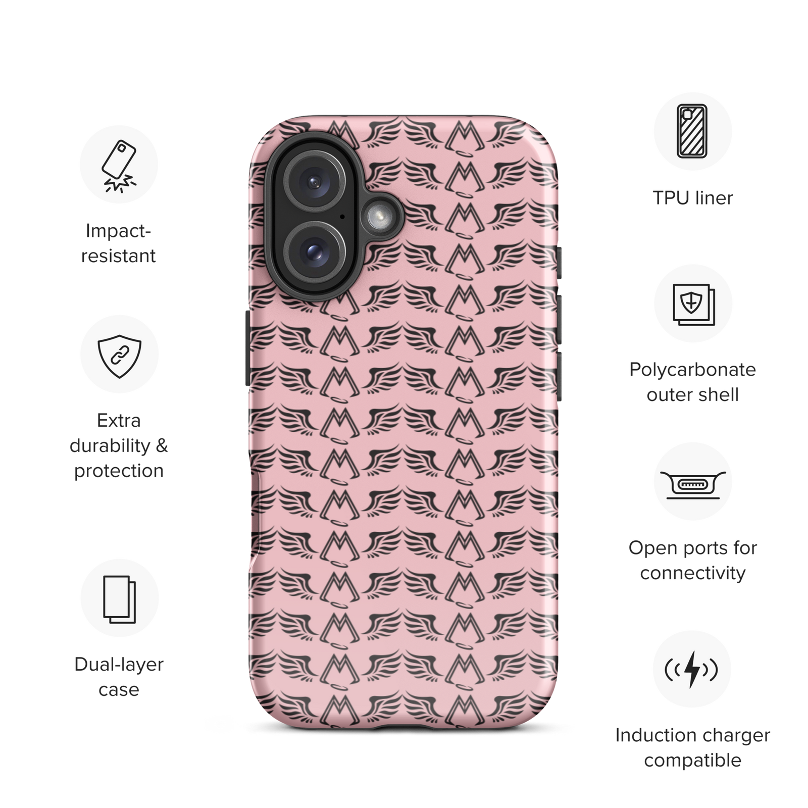 Pink Tough Cases For iPhone 16 With Duplicated Black MM Iconic Logo
