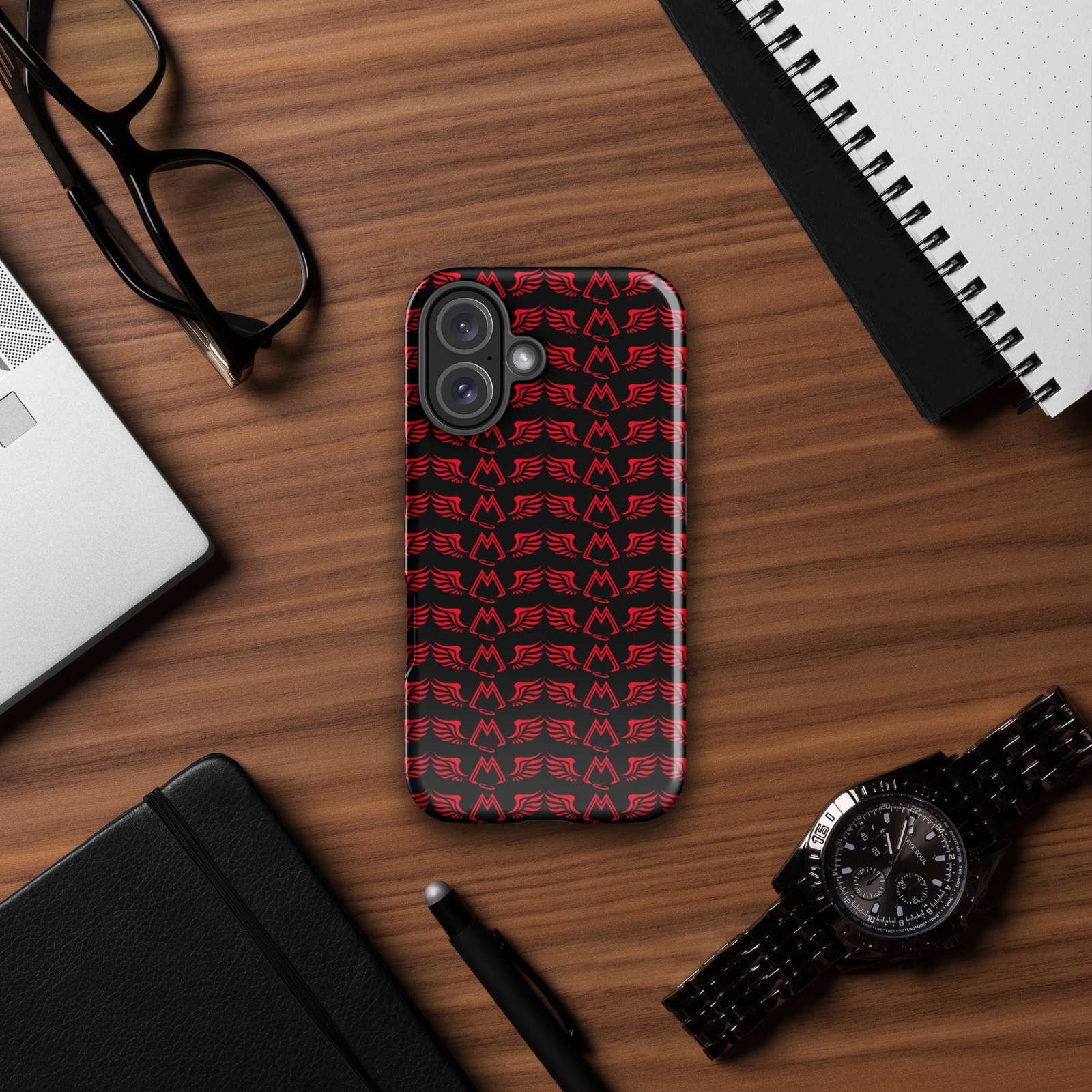 Black Tough Cases For iPhone 16 With Duplicated Red MM Iconic Logo