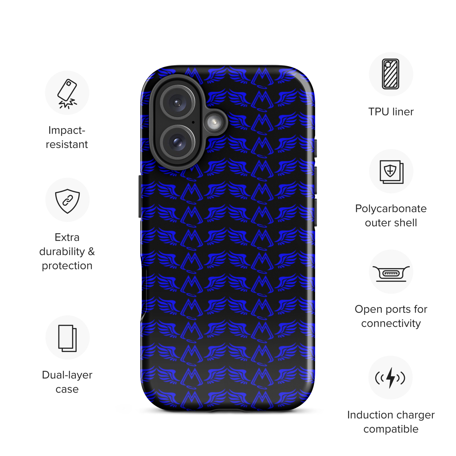 Black Tough Cases For iPhone 16 With Duplicated Blue MM Iconic Logo