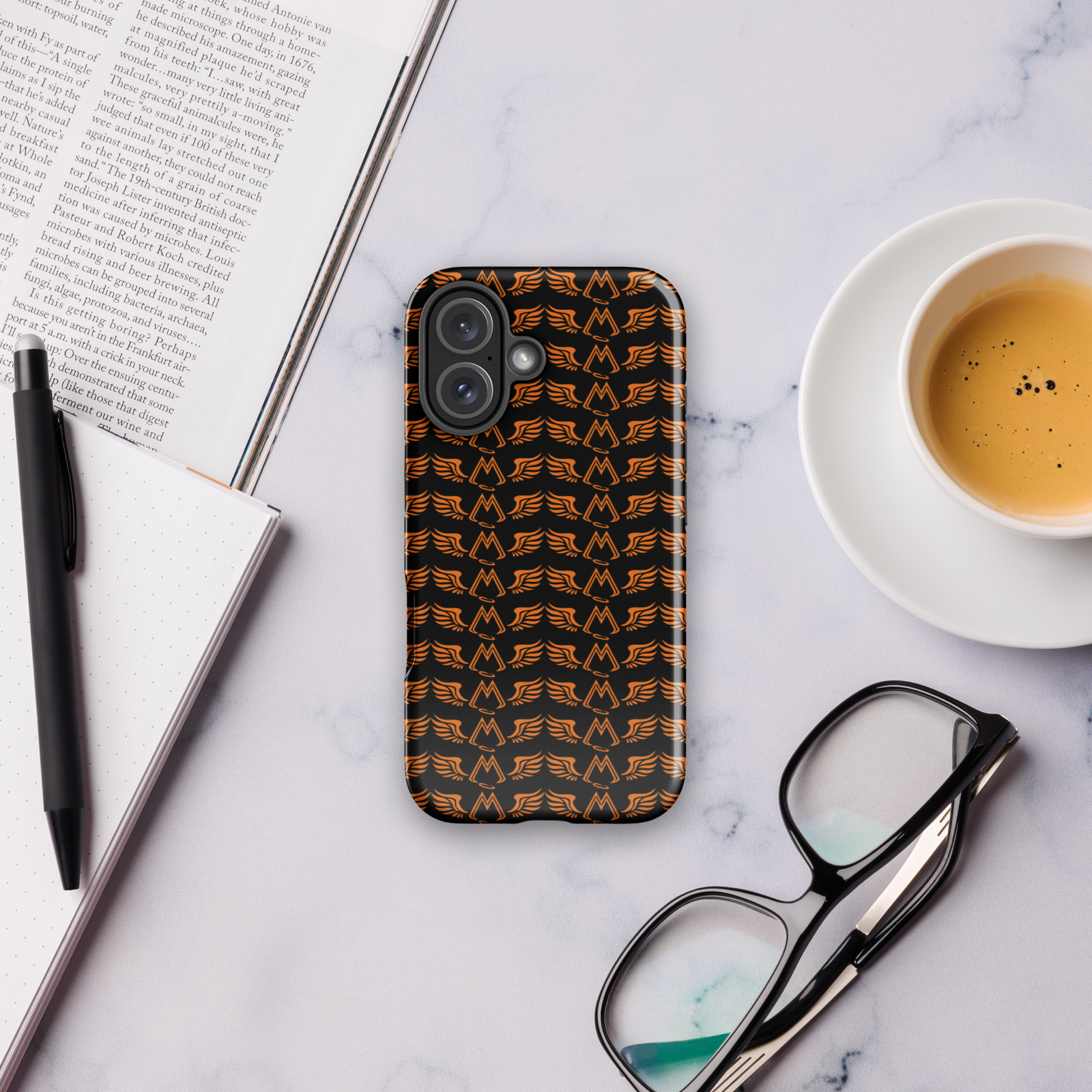 Black Tough Cases For iPhone 16 With Duplicated Orange MM Iconic Logo