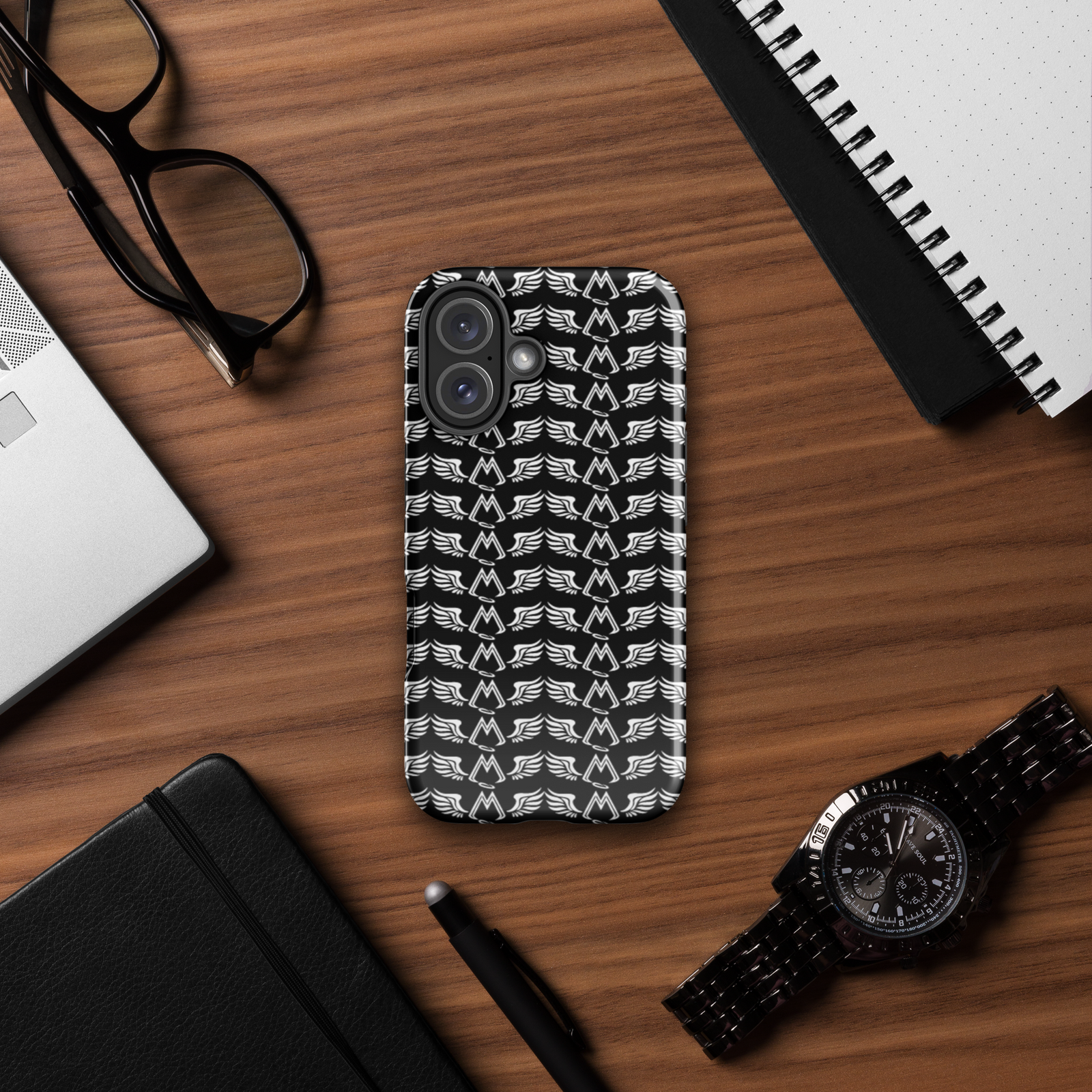 Black Tough Cases For iPhone 16 With Duplicated White MM Iconic Logo