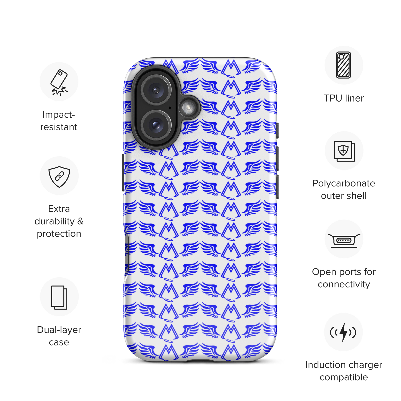 White Tough Cases For iPhone 16 With Duplicated Blue MM Iconic Logo