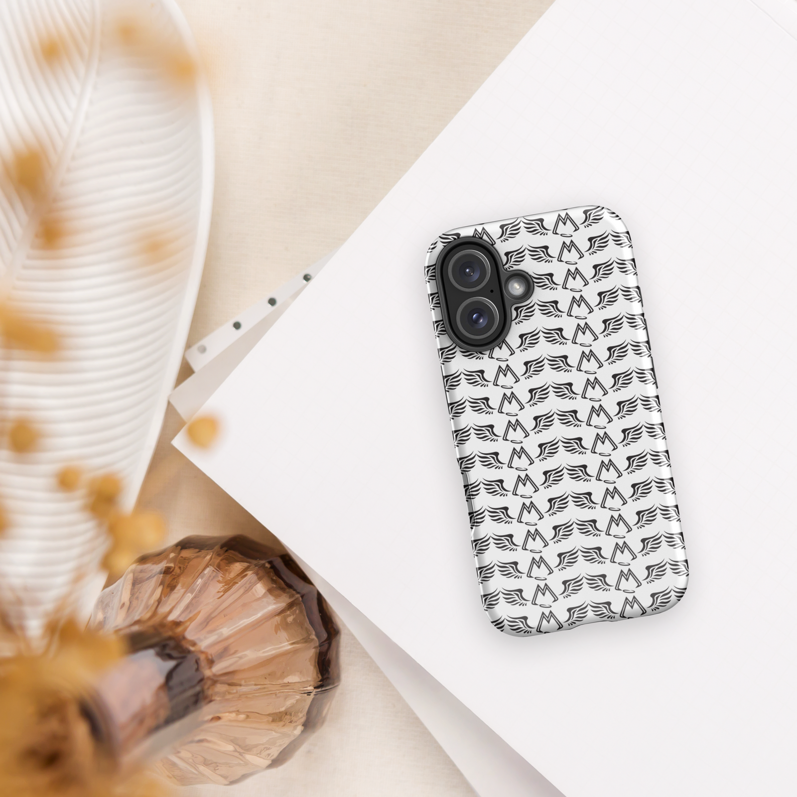 White Tough Cases For iPhone 16 With Duplicated Black MM Iconic Logo
