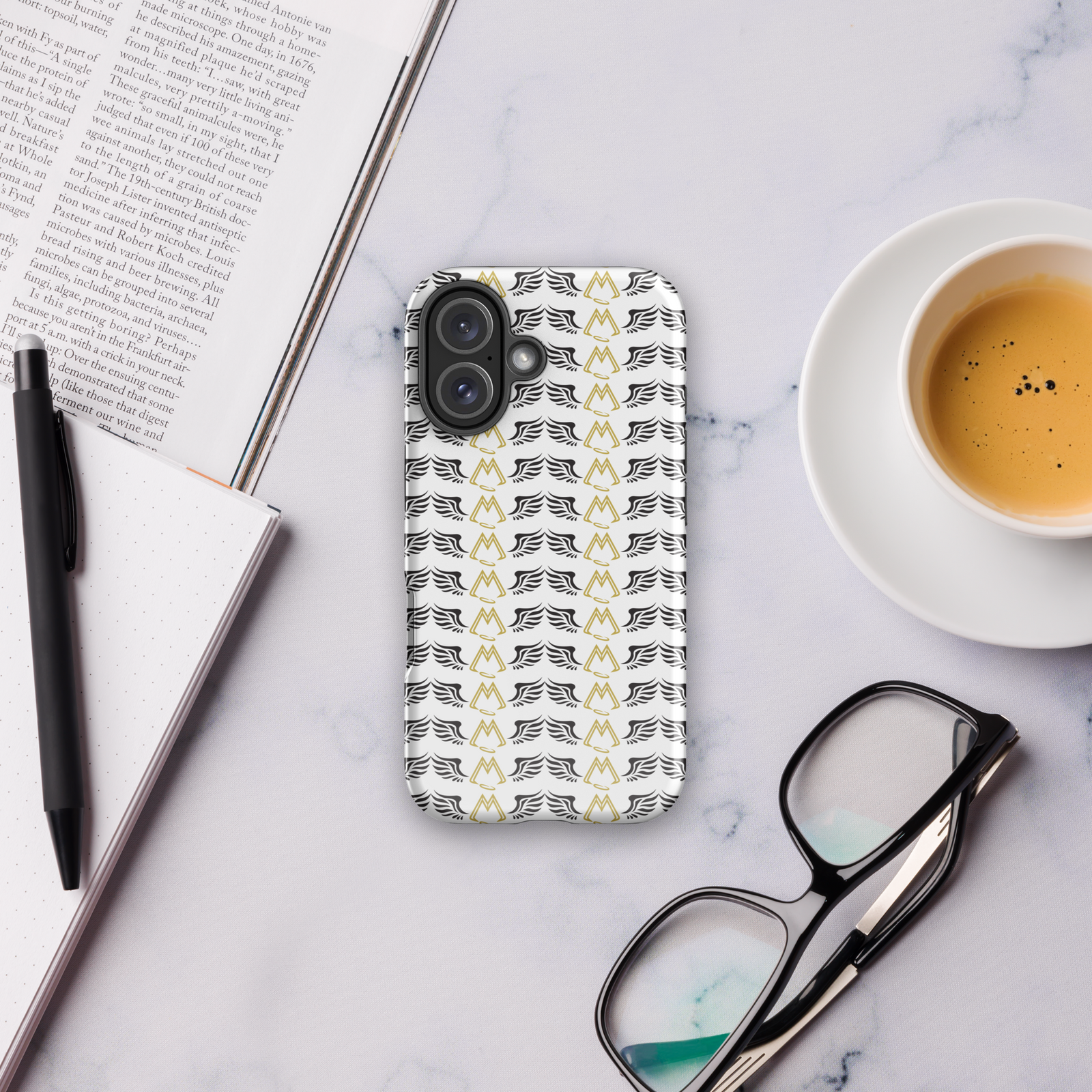 White Tough Cases For iPhone 16 With Duplicated Gold-Black MM Iconic Logo