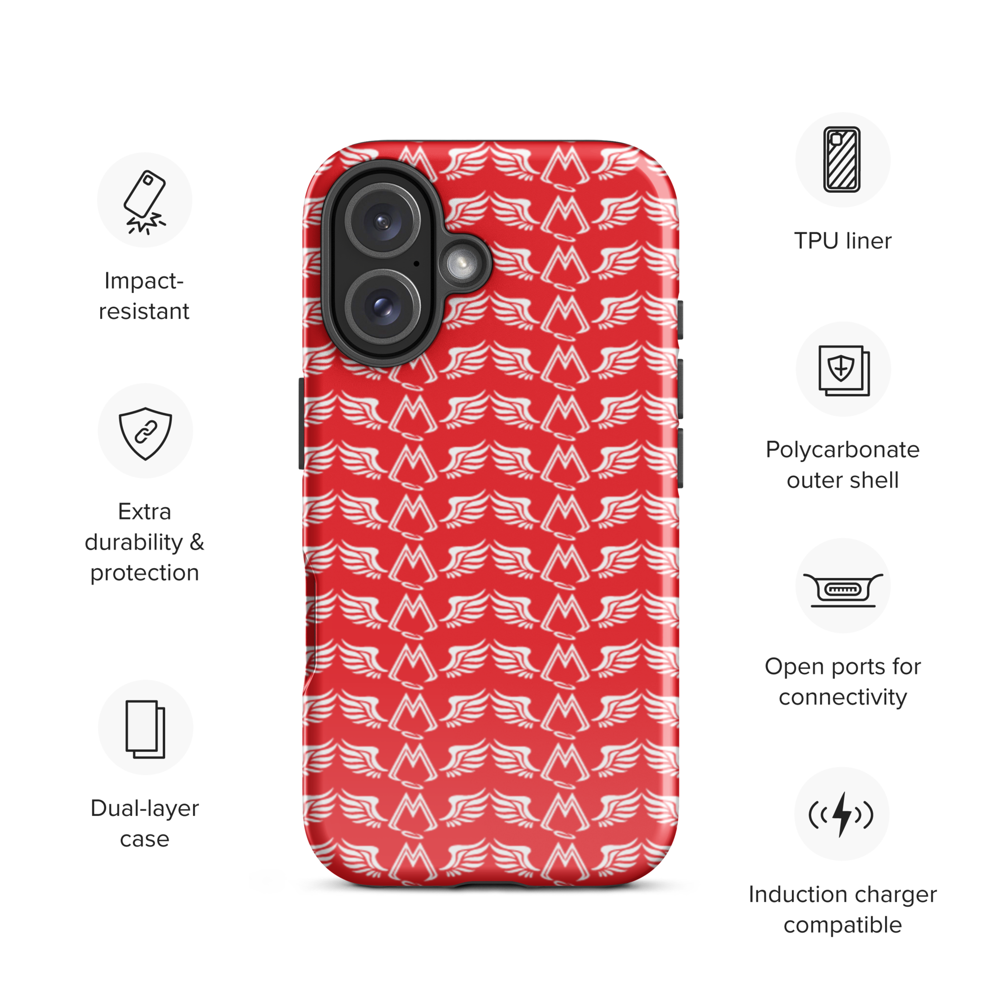 Red Tough Cases For iPhone 16 With Duplicated White MM Iconic Logo