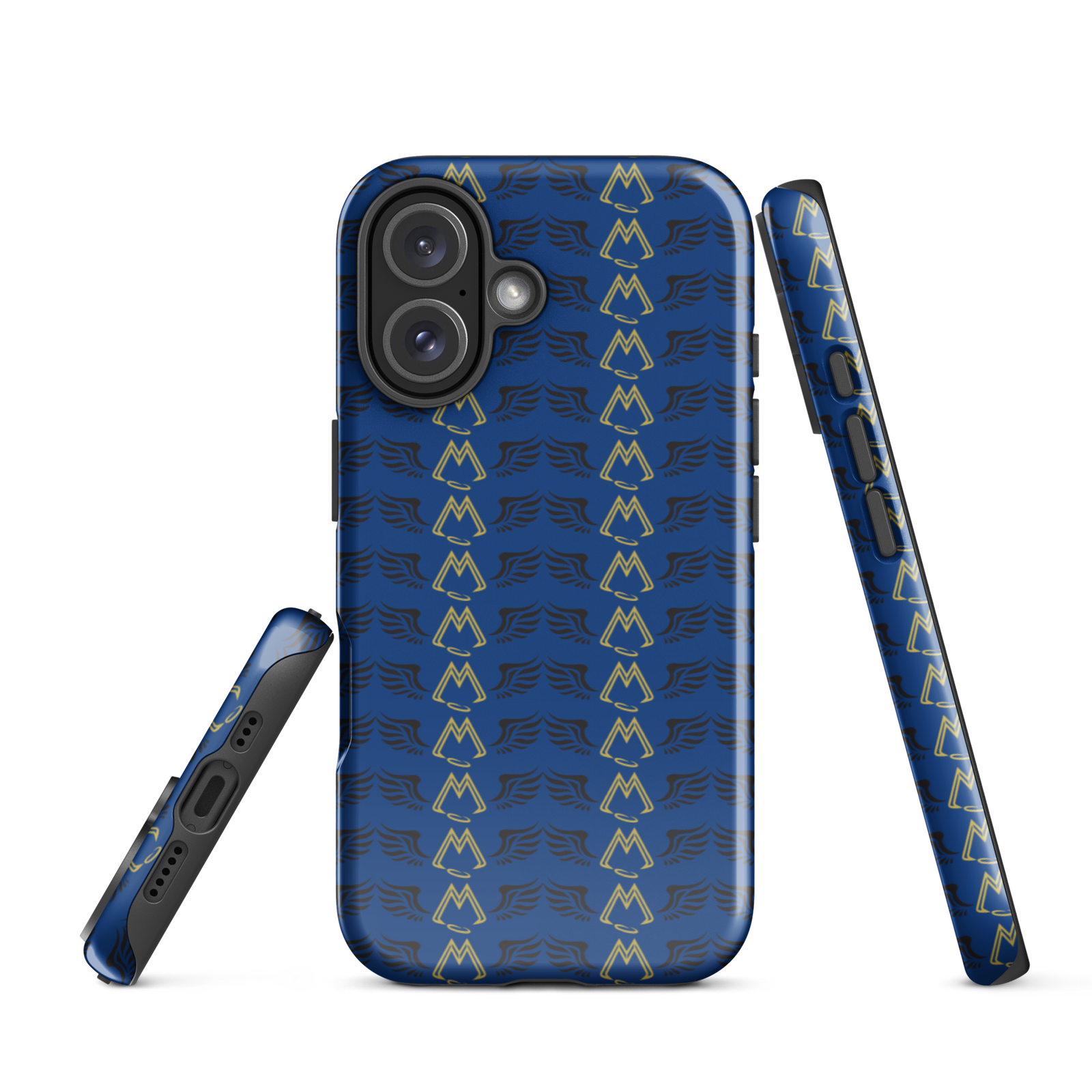 Blue Tough Cases For iPhone 16 With Duplicated Gold-Black MM Iconic Logo