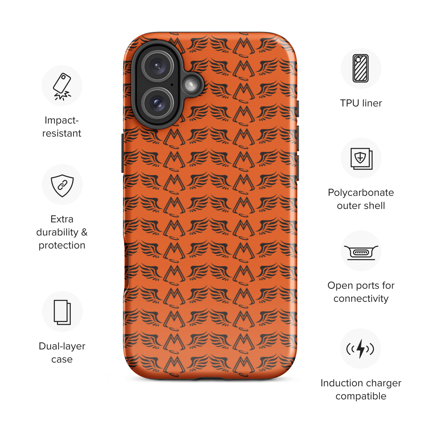 Orange Tough Cases For iPhone 16 With Duplicated Black MM Iconic Logo