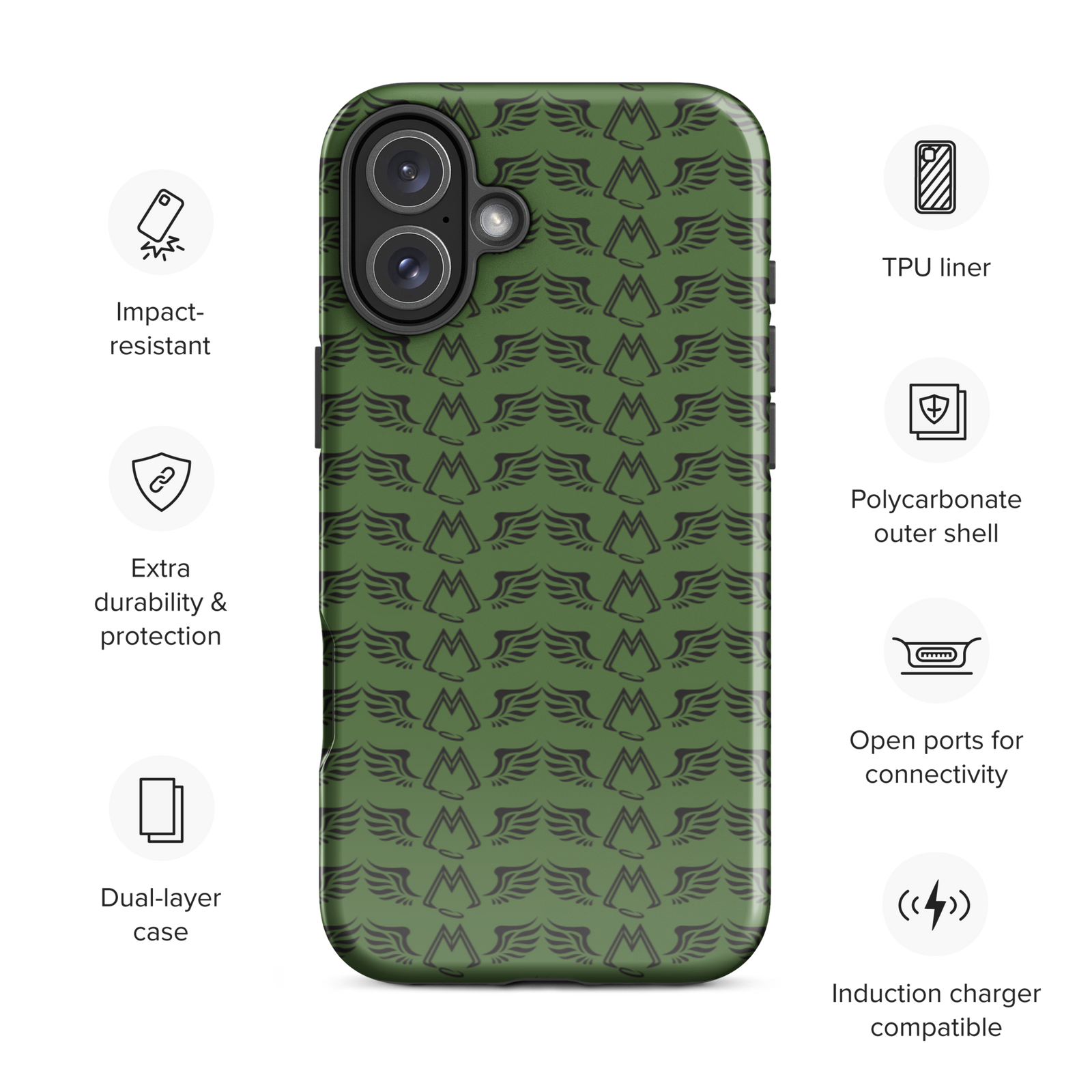 Army Green Tough Cases For iPhone 16 With Duplicated Black MM Iconic Logo