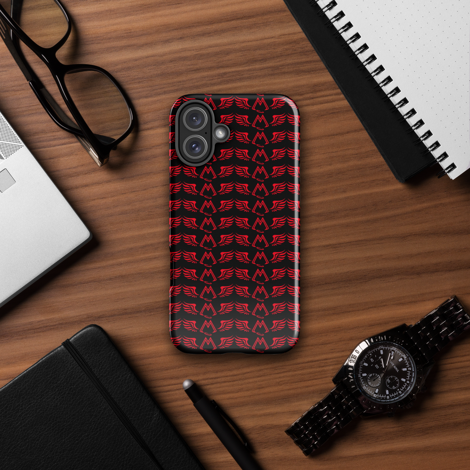 Black Tough Cases For iPhone 16 With Duplicated Red MM Iconic Logo