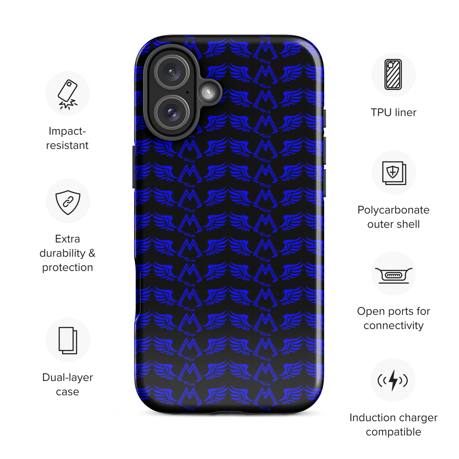 Black Tough Cases For iPhone 16 With Duplicated Blue MM Iconic Logo