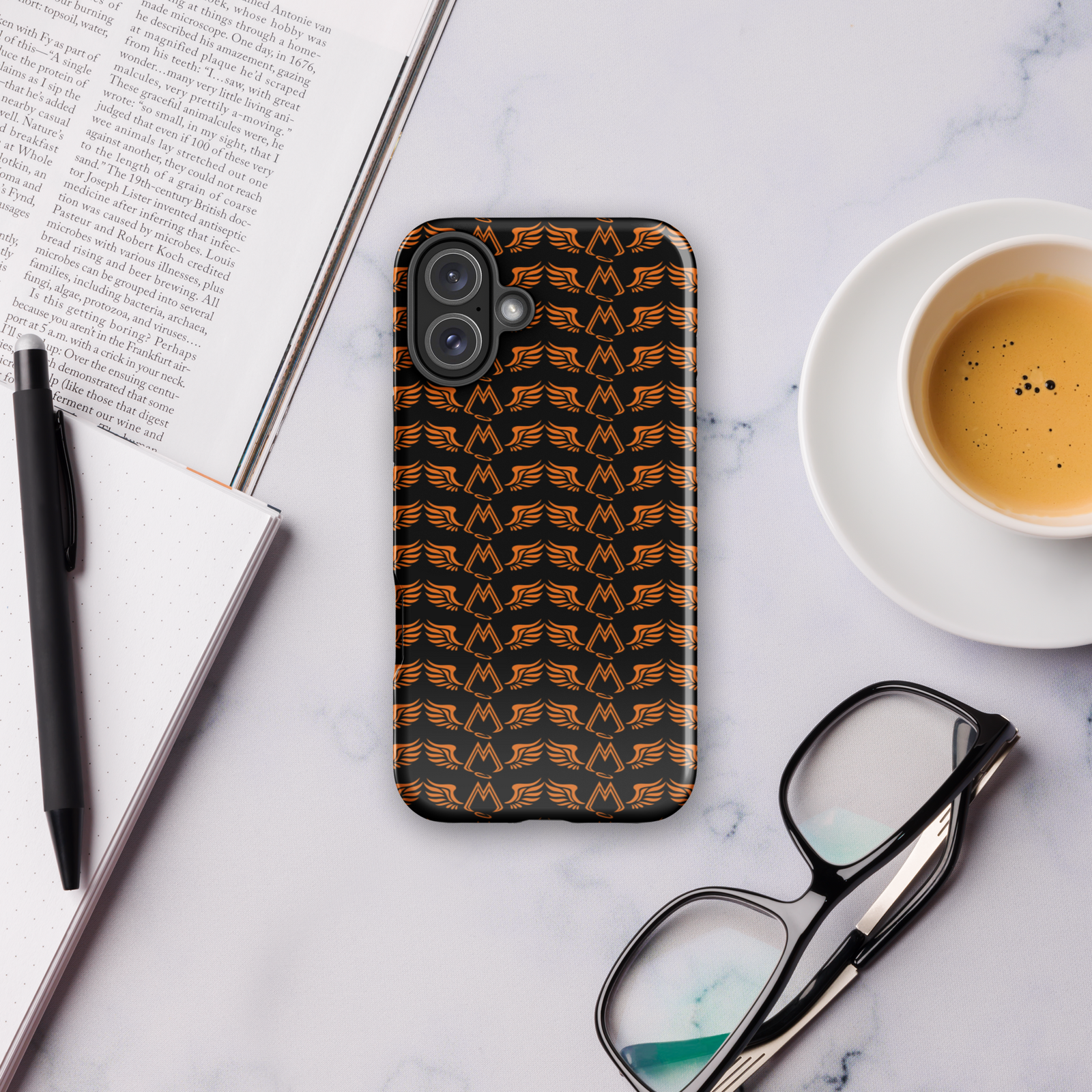 Black Tough Cases For iPhone 16 With Duplicated Orange MM Iconic Logo